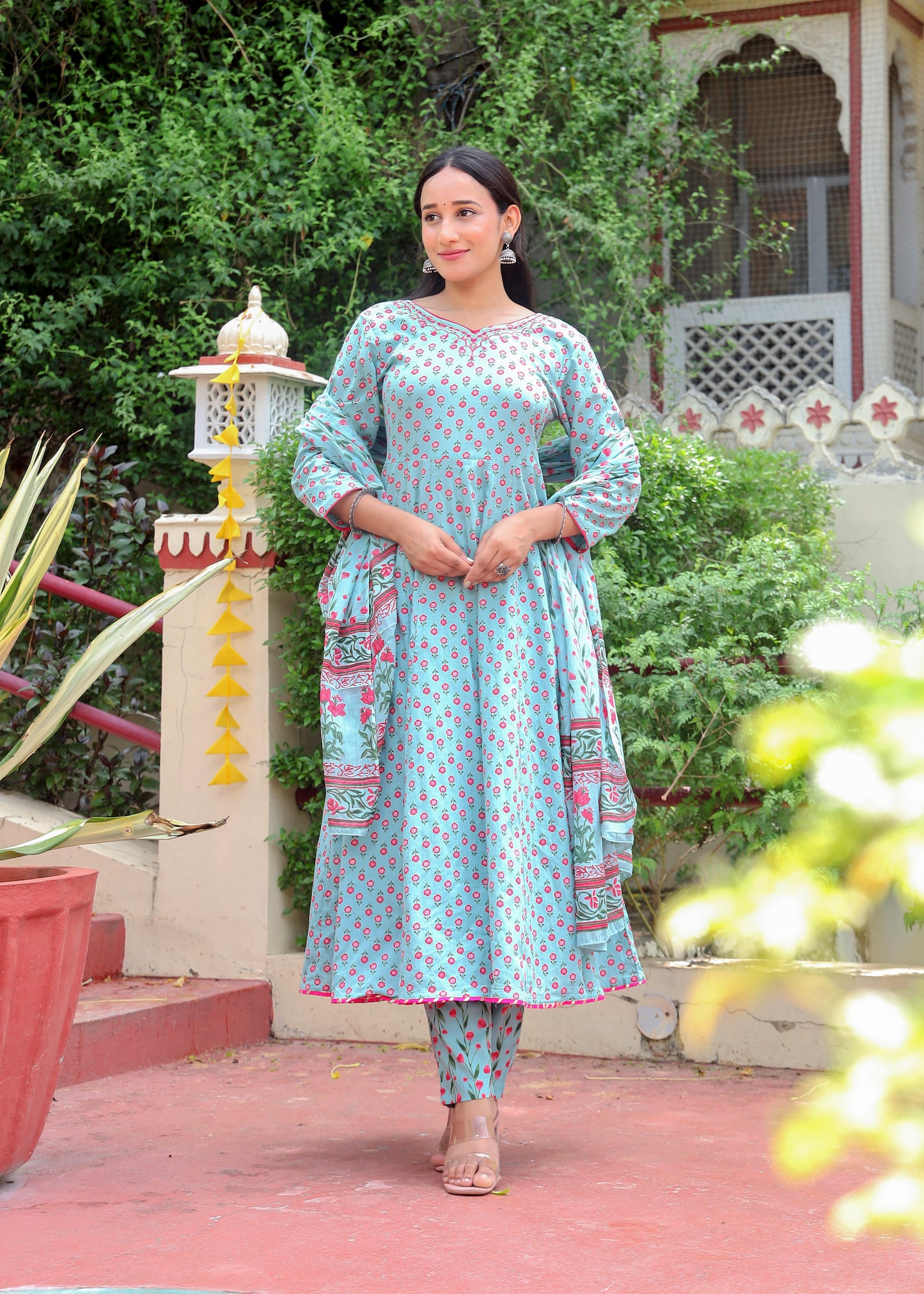 Women's Cotton Embroidered Anarkali with Pant and Dupatta Set