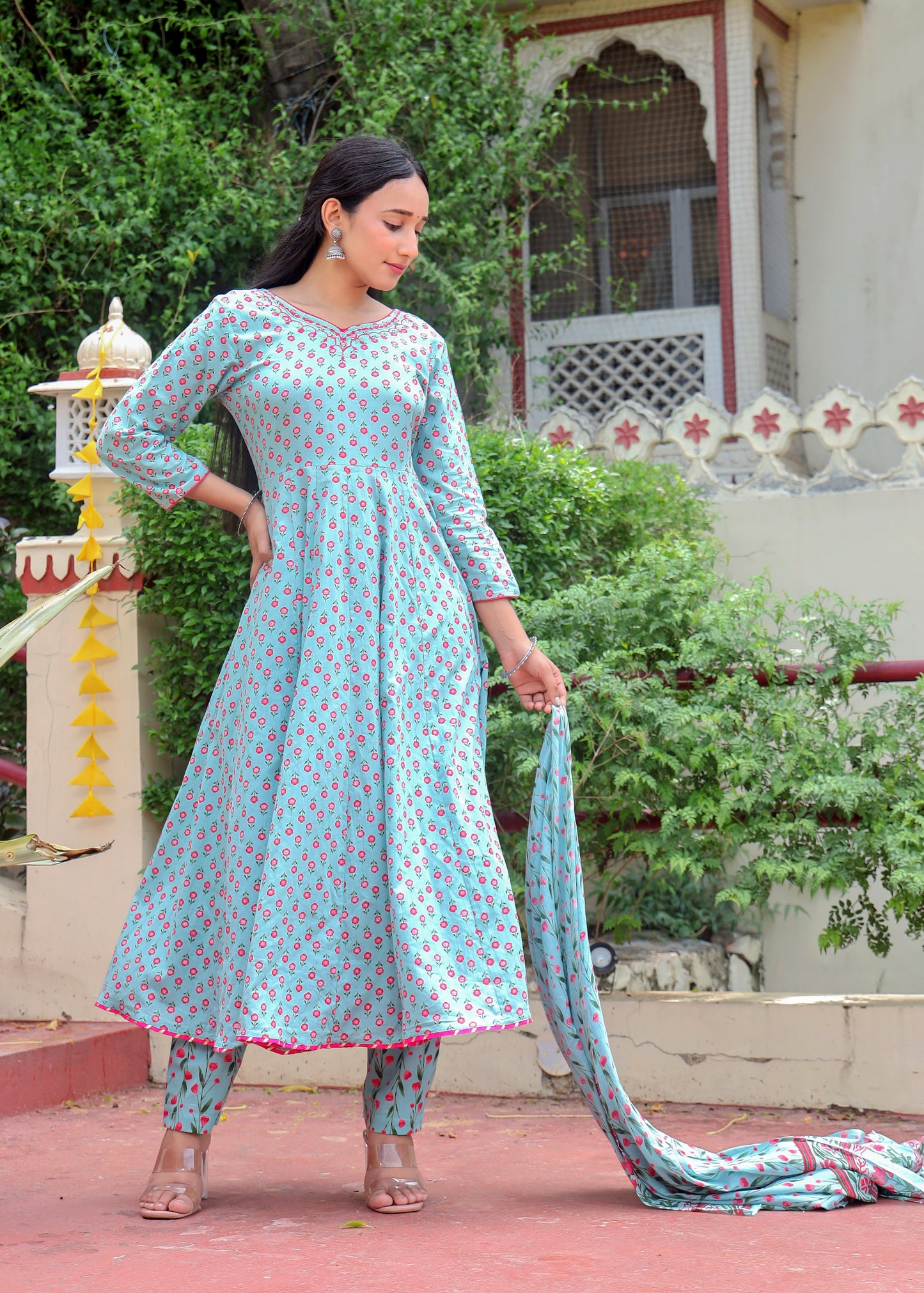 Women's Cotton Embroidered Anarkali with Pant and Dupatta Set
