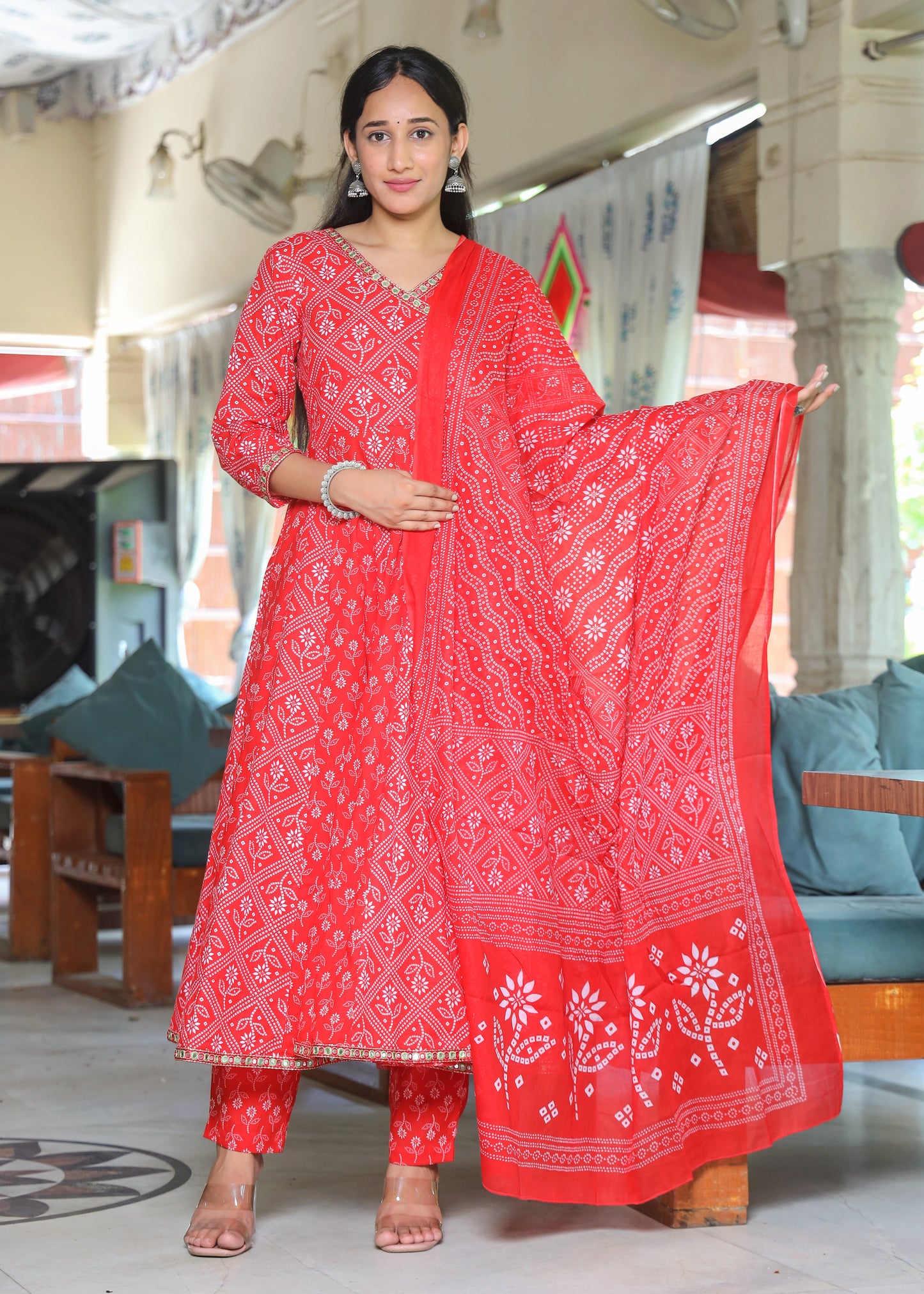 Bandhani Angrakha Anarkali & Pant Set with Dipatta