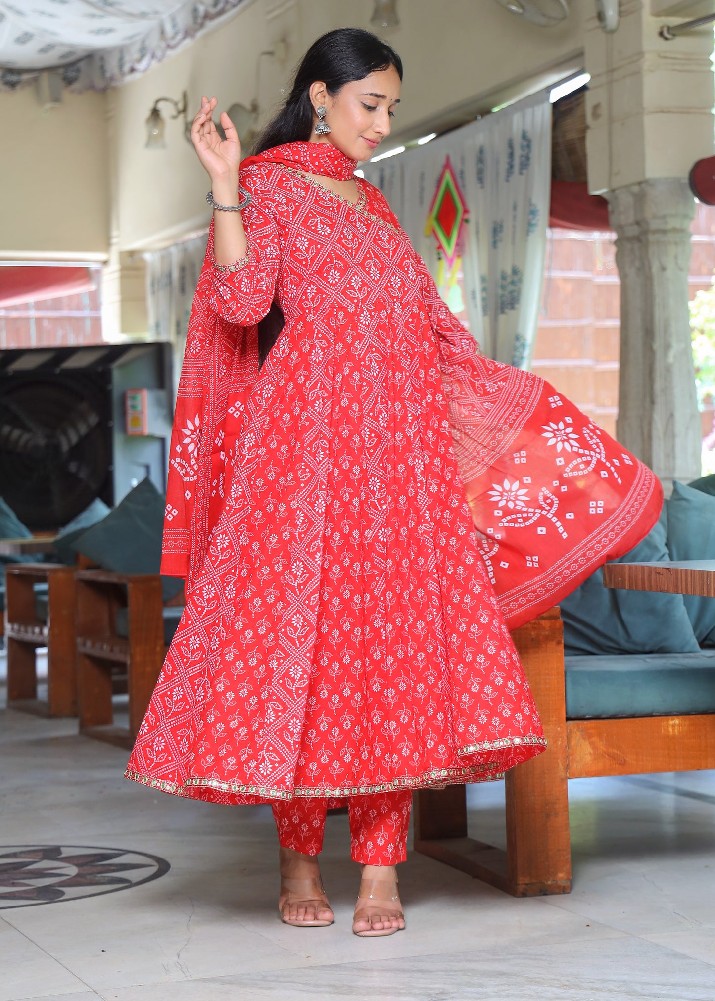 Bandhani Angrakha Anarkali & Pant Set with Dipatta