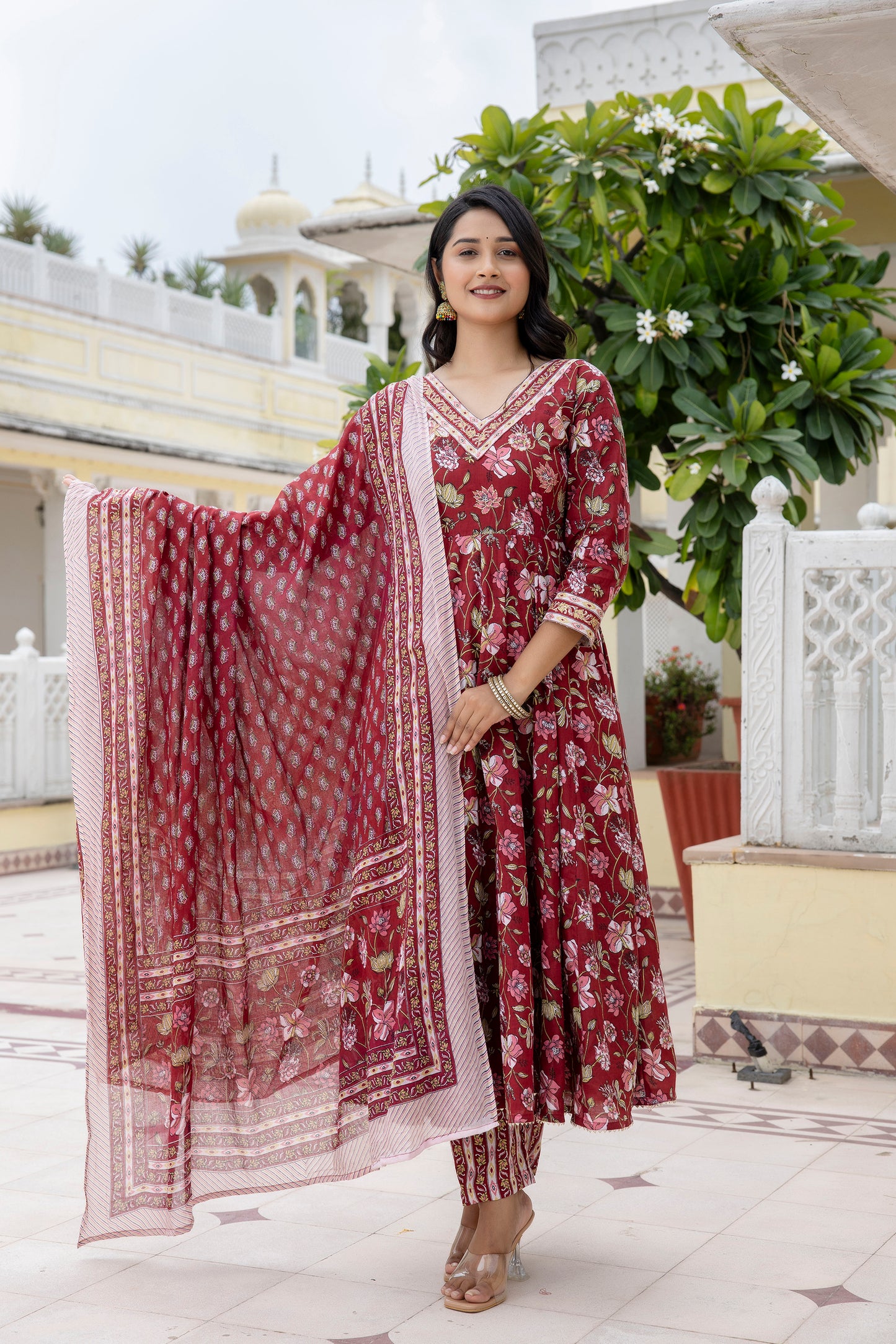 Red floral Print Jari Embroidery Work with Pant and Dupatta Set