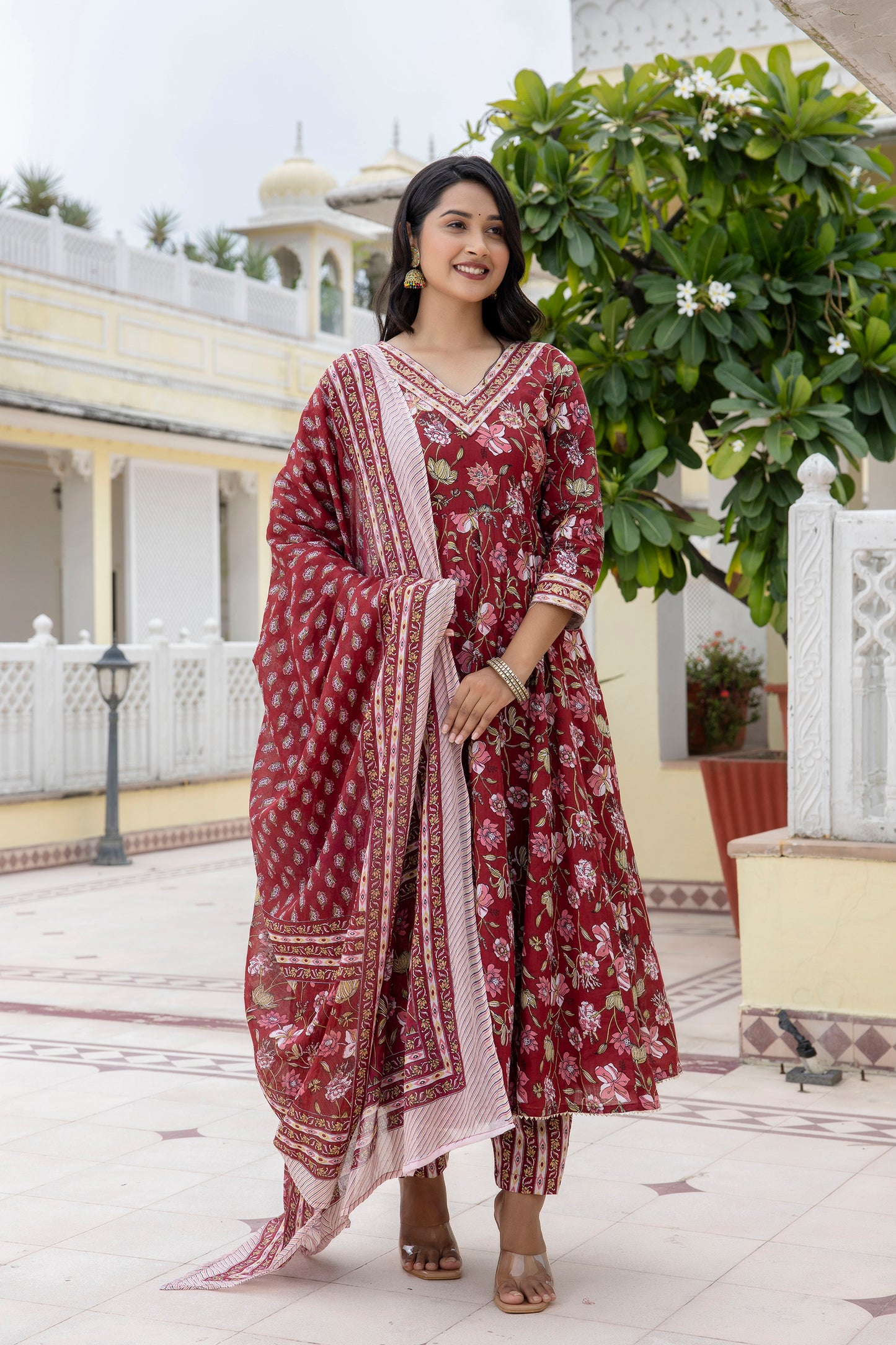 Red floral Print Jari Embroidery Work with Pant and Dupatta Set