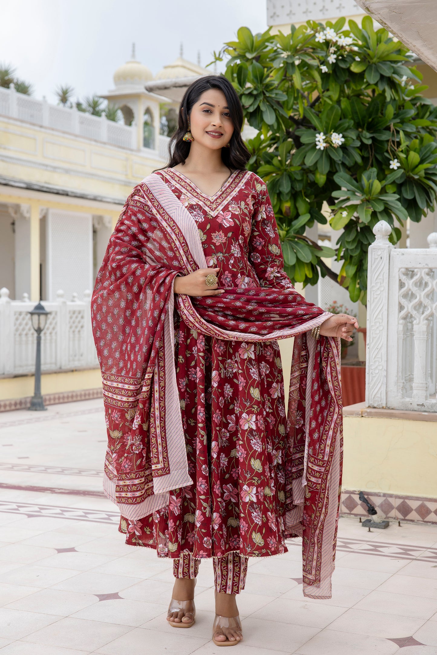 Red floral Print Jari Embroidery Work with Pant and Dupatta Set