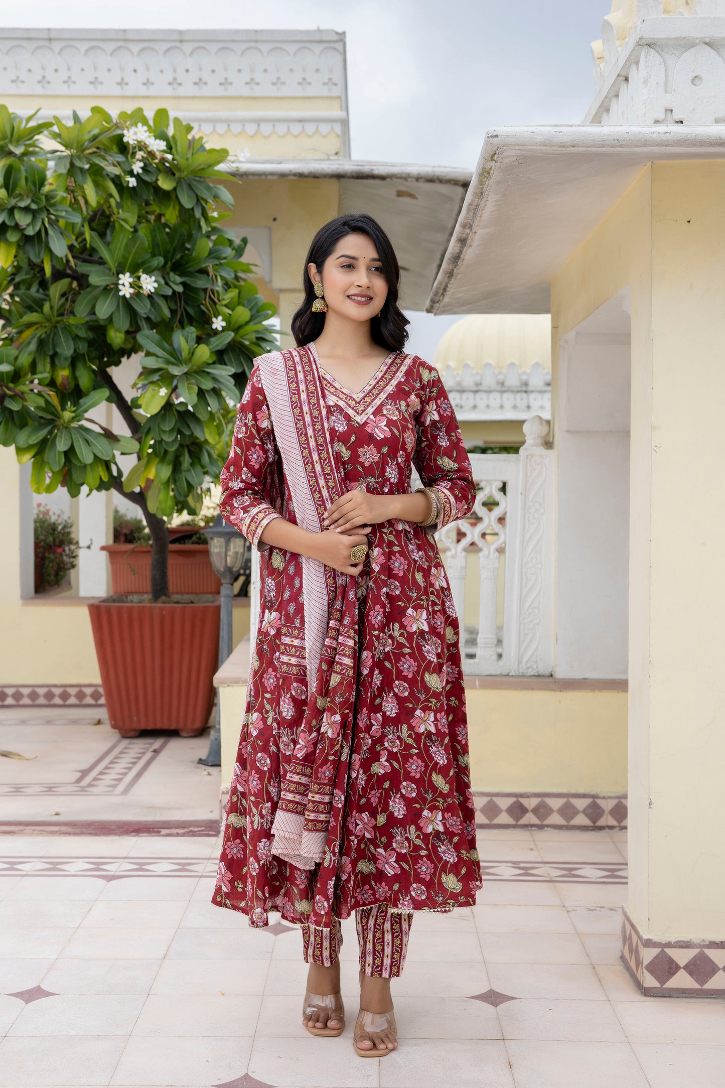 Red floral Print Jari Embroidery Work with Pant and Dupatta Set