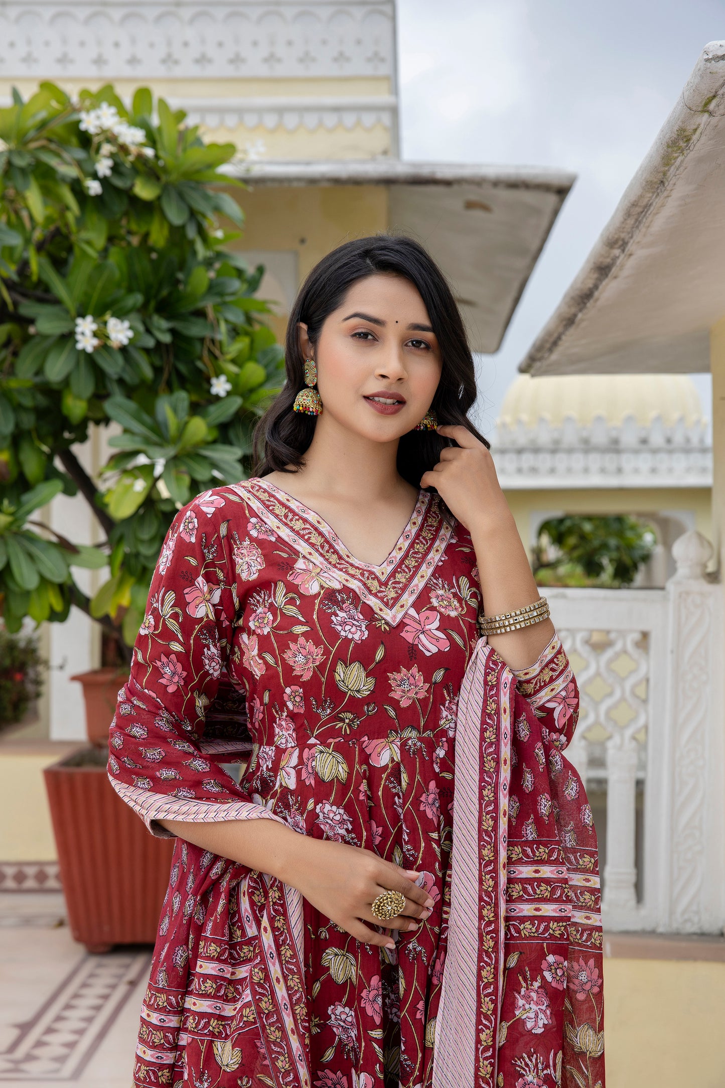 Red floral Print Jari Embroidery Work with Pant and Dupatta Set