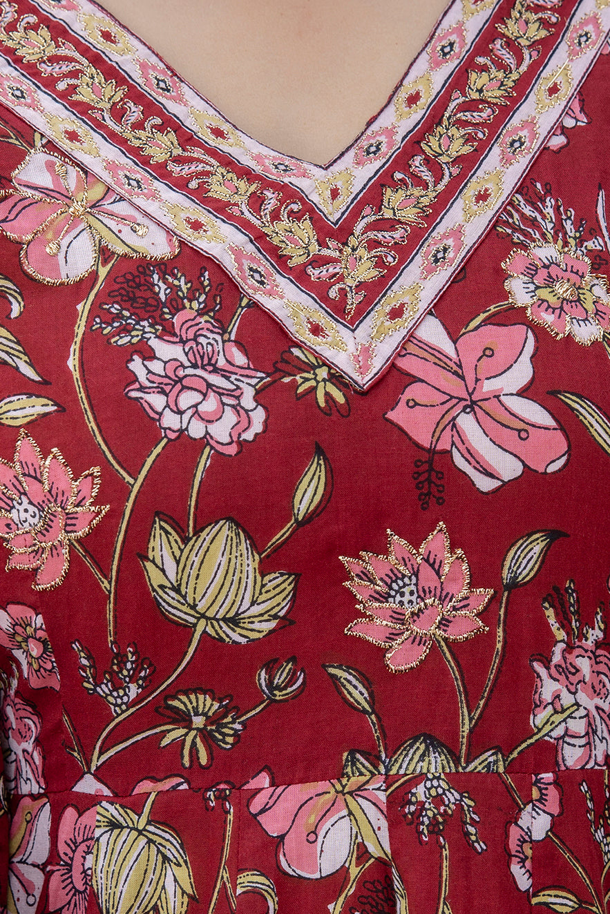 Red floral Print Jari Embroidery Work with Pant and Dupatta Set