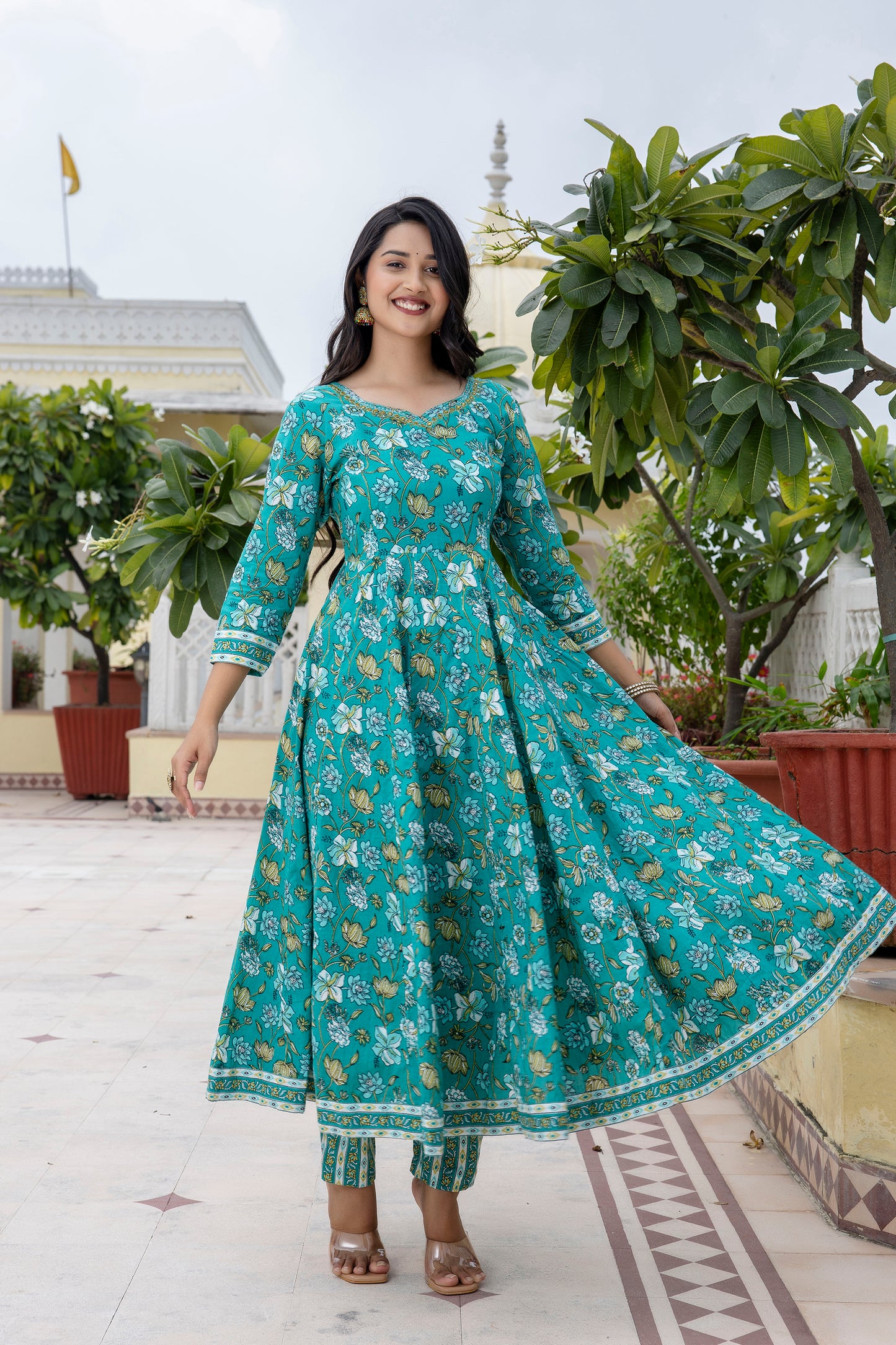 Cotton Floral Printed, Mirror Work Embroidery Anarkali with Pant and Dupatta Set