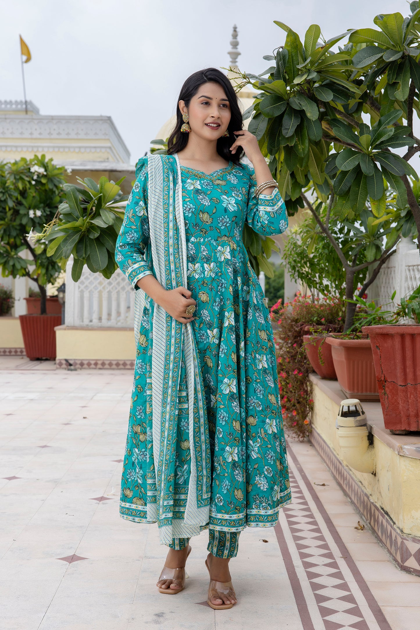 Cotton Floral Printed, Mirror Work Embroidery Anarkali with Pant and Dupatta Set