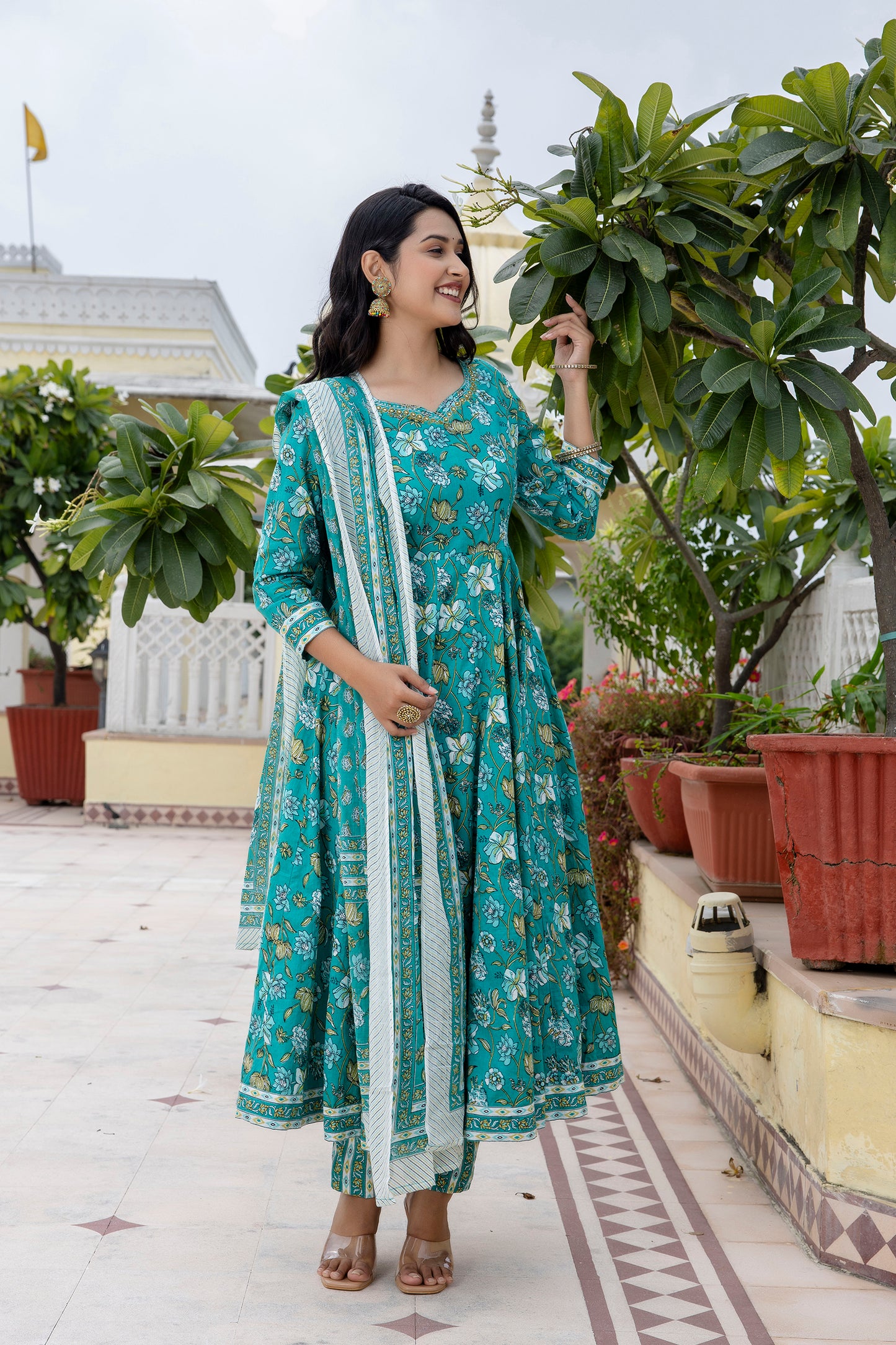 Cotton Floral Printed, Mirror Work Embroidery Anarkali with Pant and Dupatta Set
