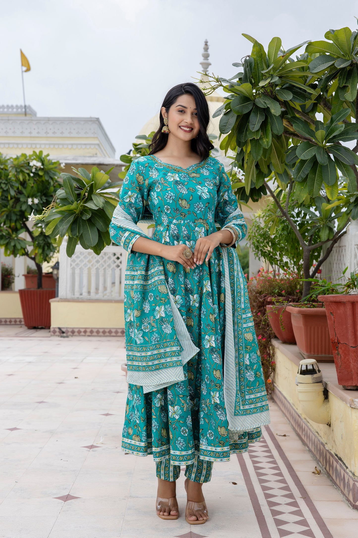 Cotton Floral Printed, Mirror Work Embroidery Anarkali with Pant and Dupatta Set