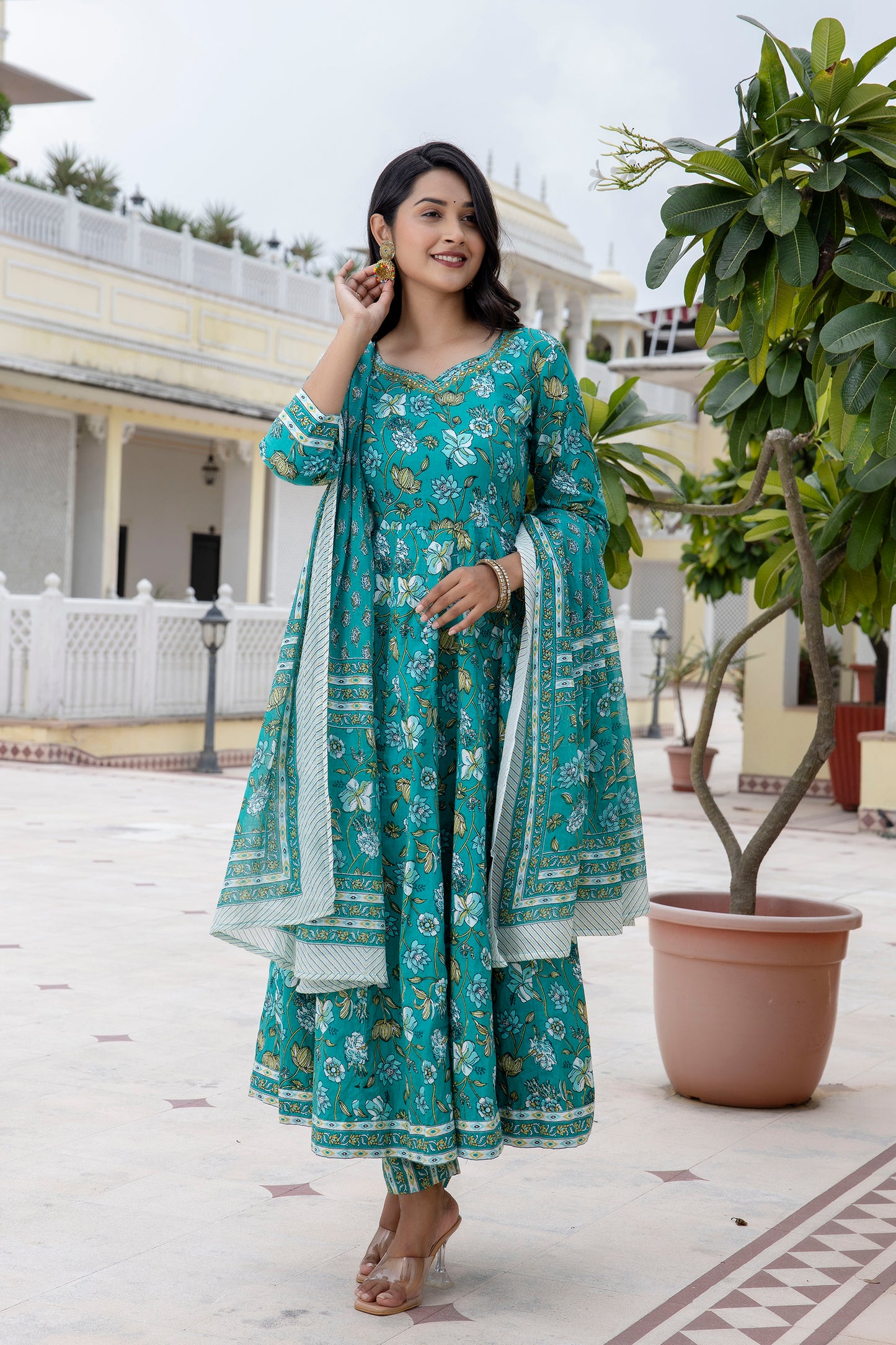 Cotton Floral Printed, Mirror Work Embroidery Anarkali with Pant and Dupatta Set
