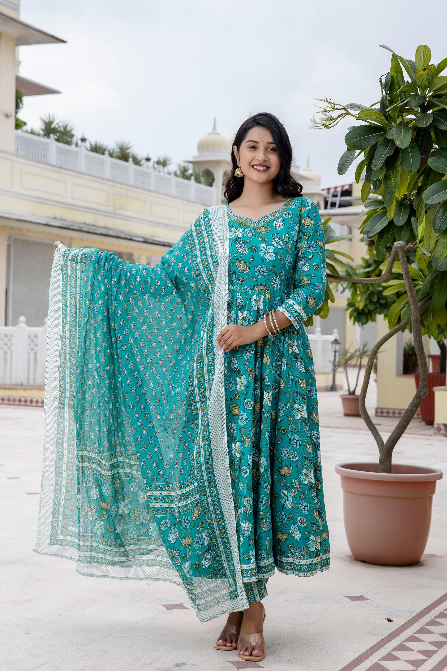 Cotton Floral Printed, Mirror Work Embroidery Anarkali with Pant and Dupatta Set