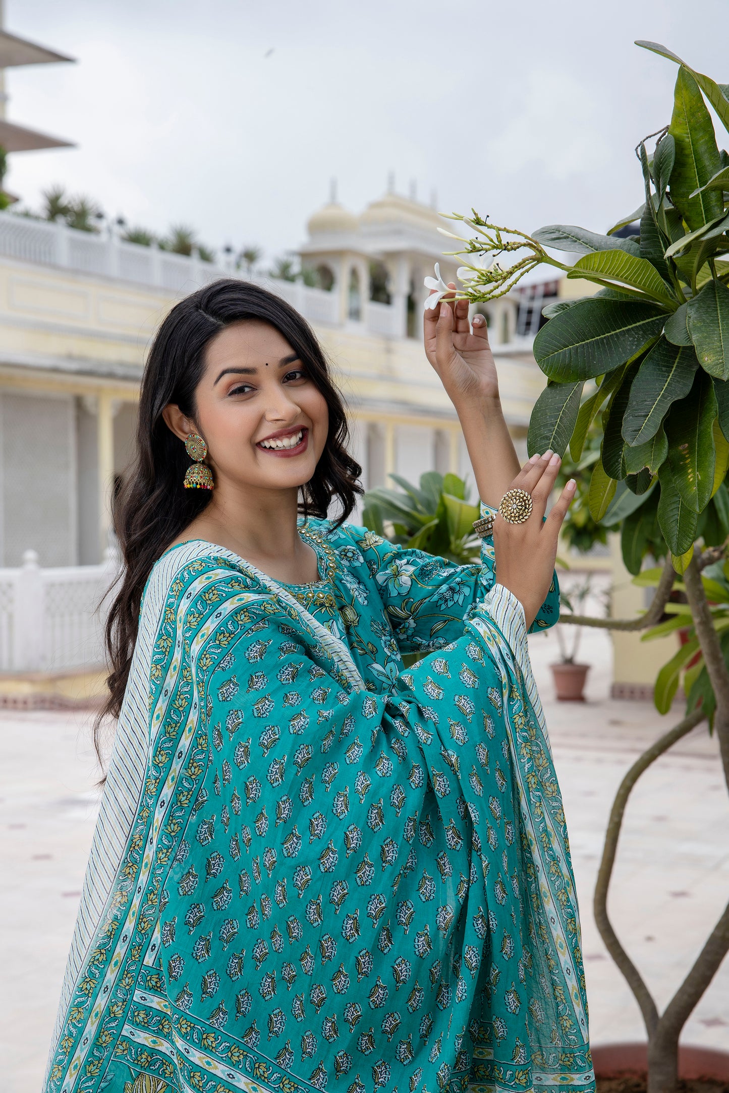 Cotton Floral Printed, Mirror Work Embroidery Anarkali with Pant and Dupatta Set