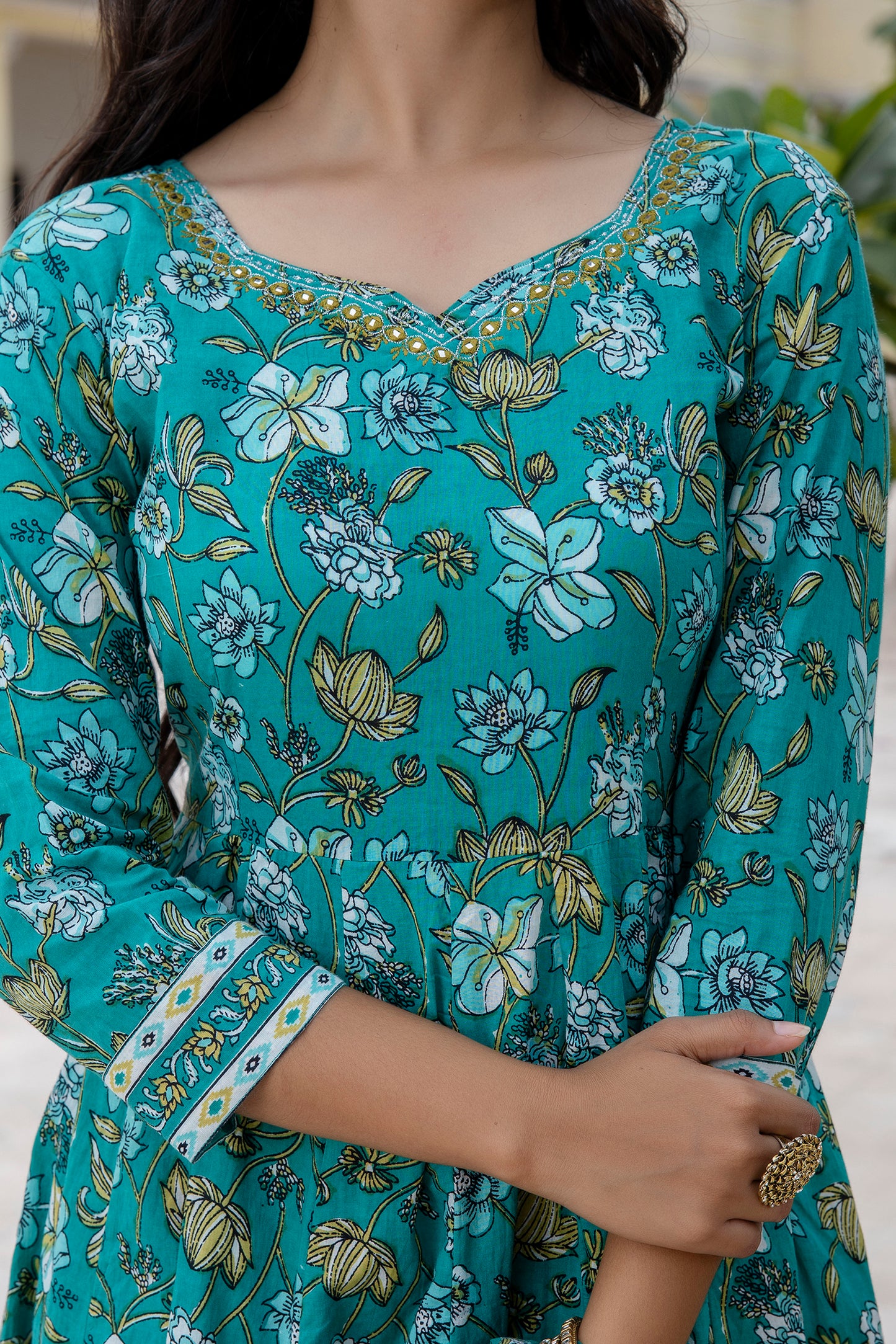 Cotton Floral Printed, Mirror Work Embroidery Anarkali with Pant and Dupatta Set