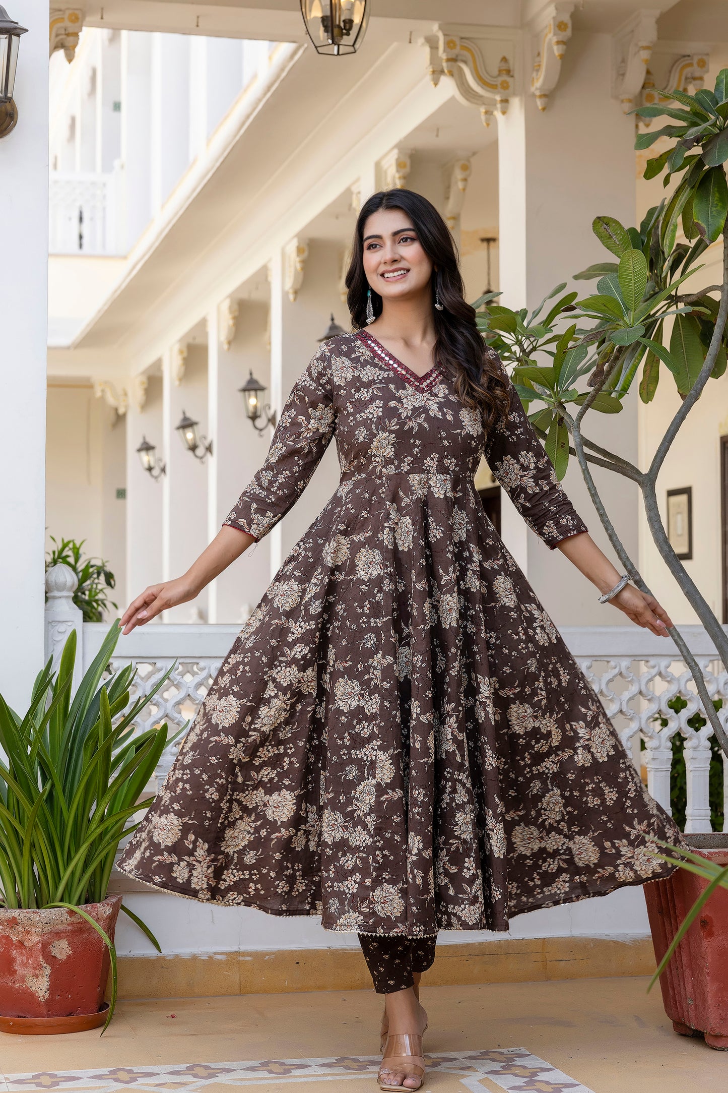 Women's Floral Printed, Premium Cotton Anarkali Suit Set