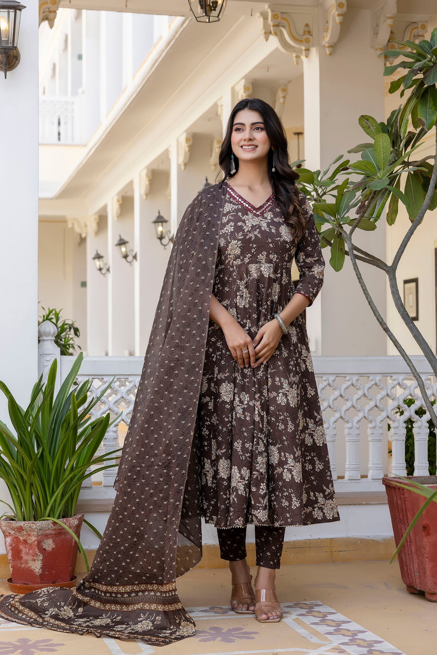 Women's Floral Printed, Premium Cotton Anarkali Suit Set