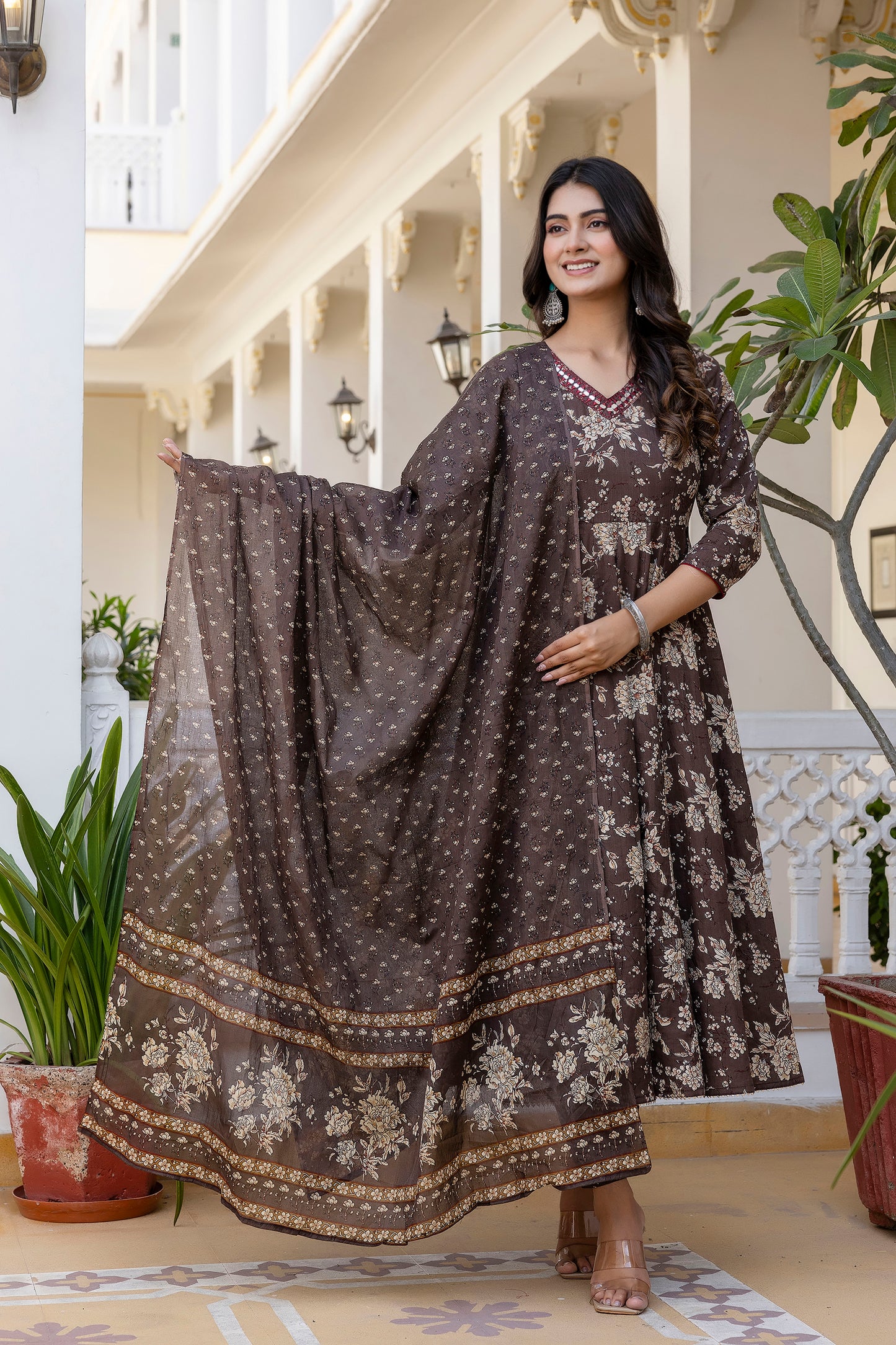 Women's Floral Printed, Premium Cotton Anarkali Suit Set