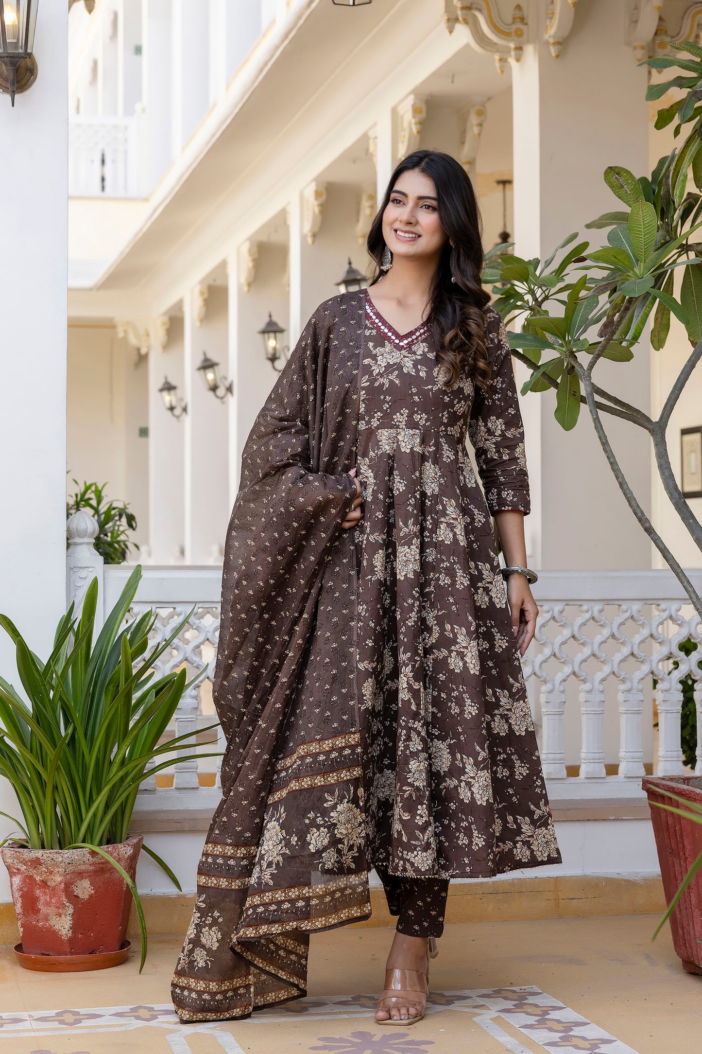 Women's Floral Printed, Premium Cotton Anarkali Suit Set