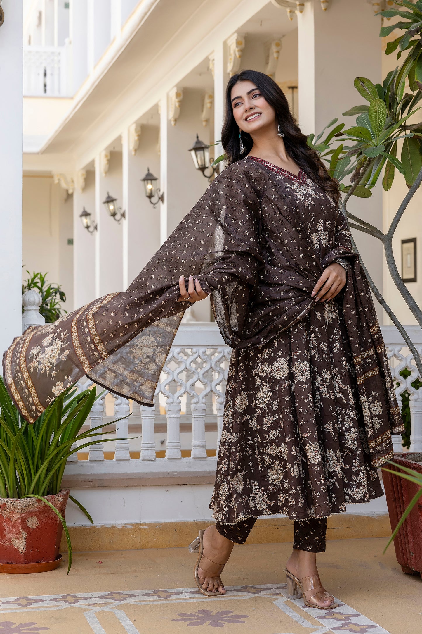 Women's Floral Printed, Premium Cotton Anarkali Suit Set