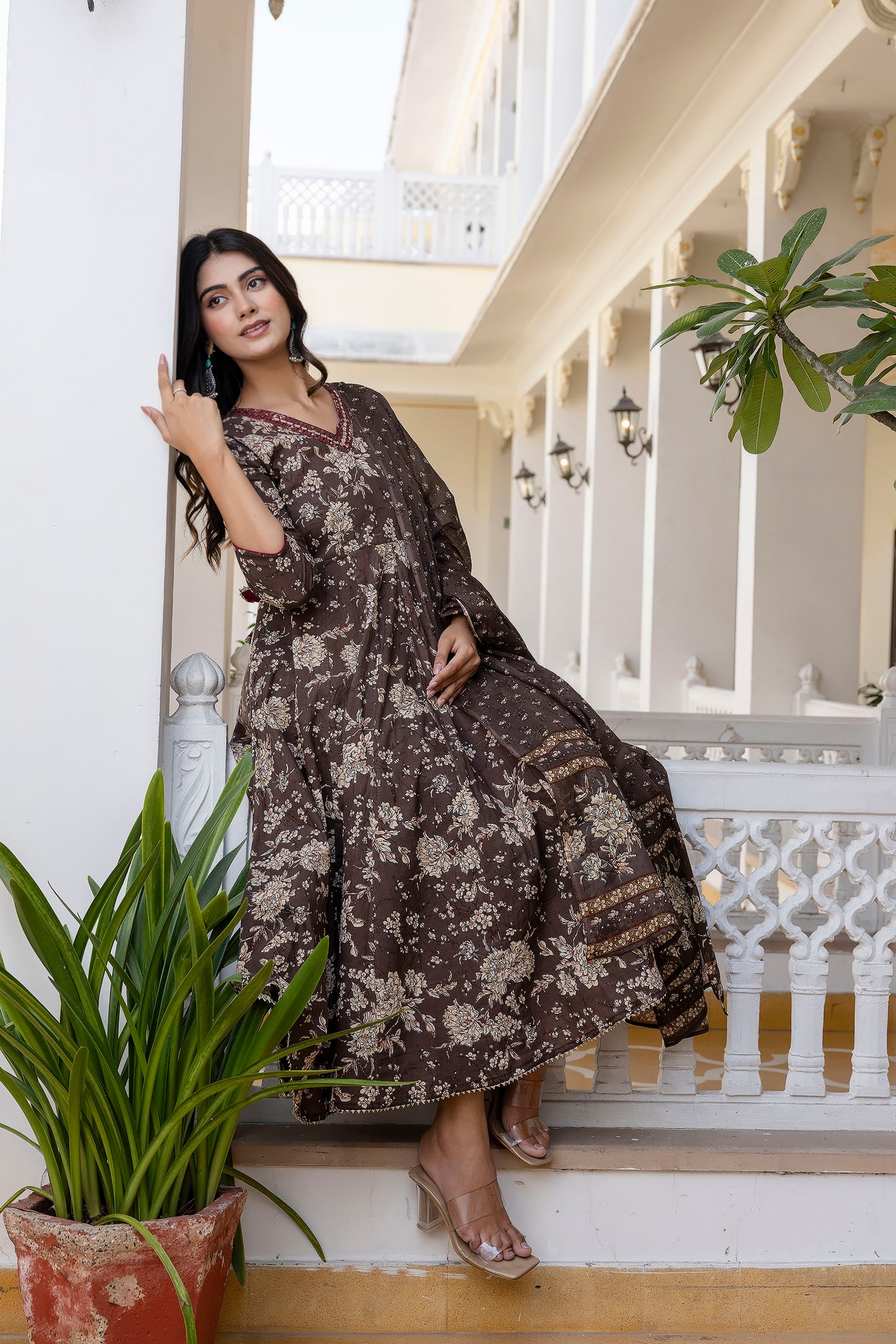Women's Floral Printed, Premium Cotton Anarkali Suit Set