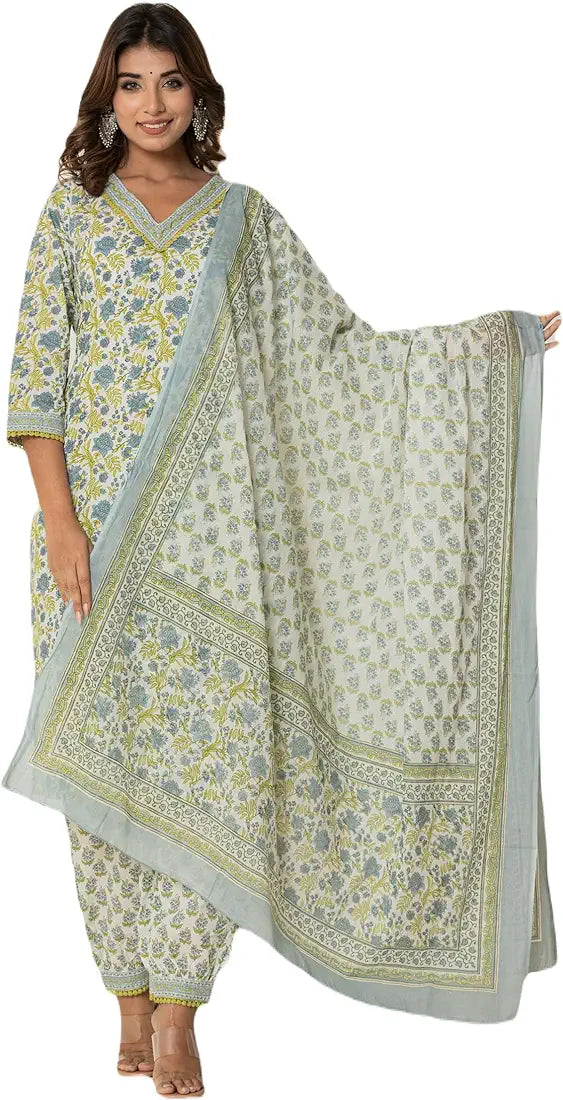 Women's Cotton Kurti with Pant and Dupatta Set
