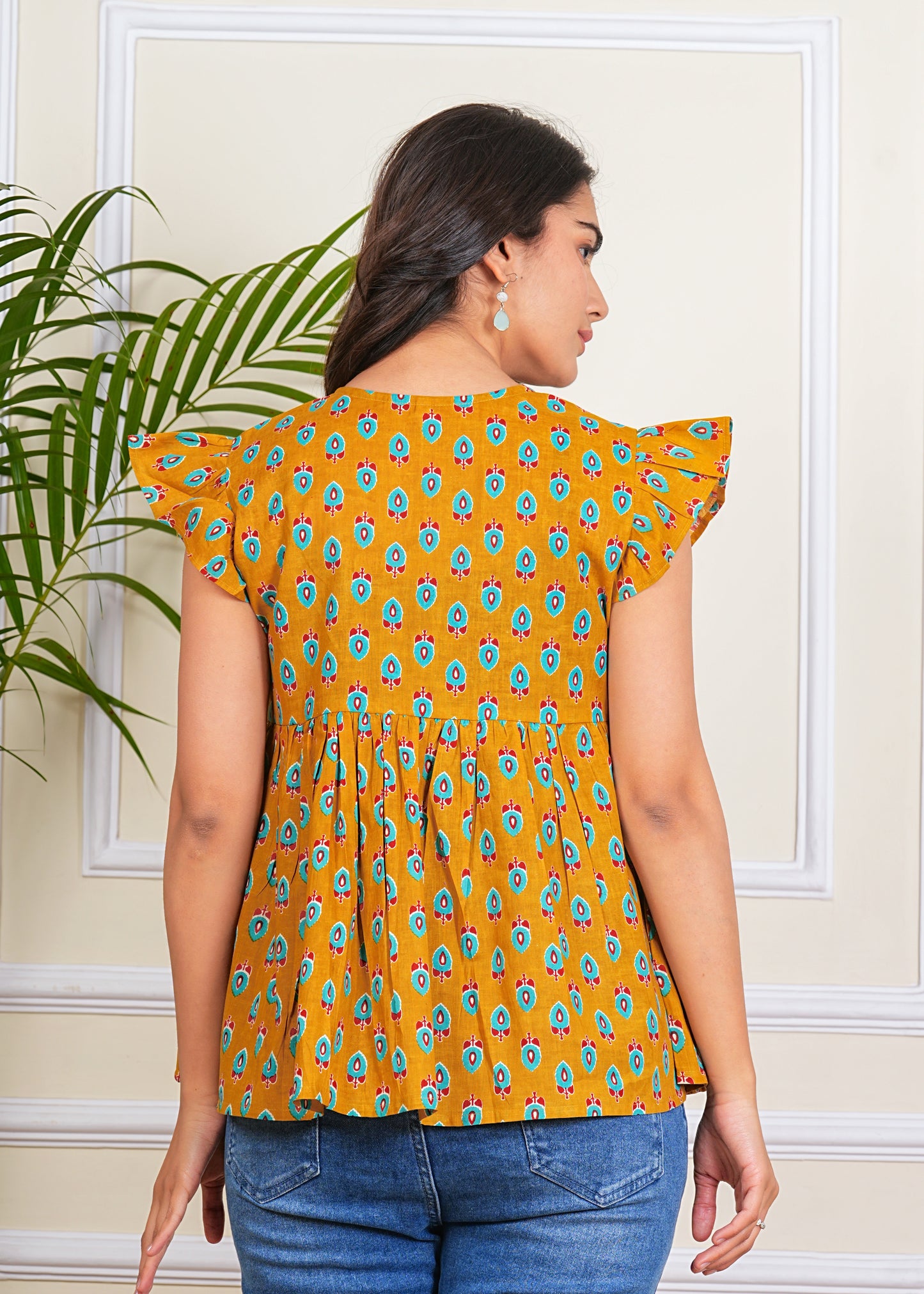 Women's Cotton Printed ruffle Sleeves western top