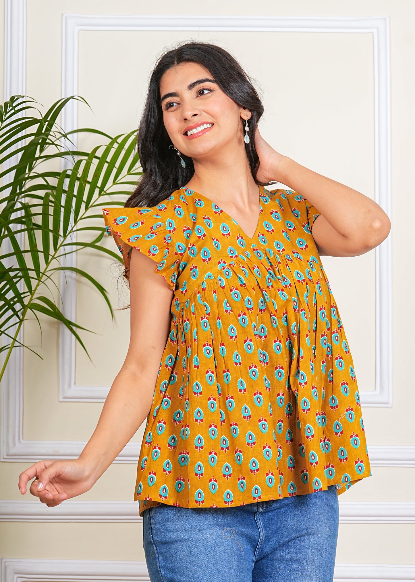 Women's Cotton Printed ruffle Sleeves western top