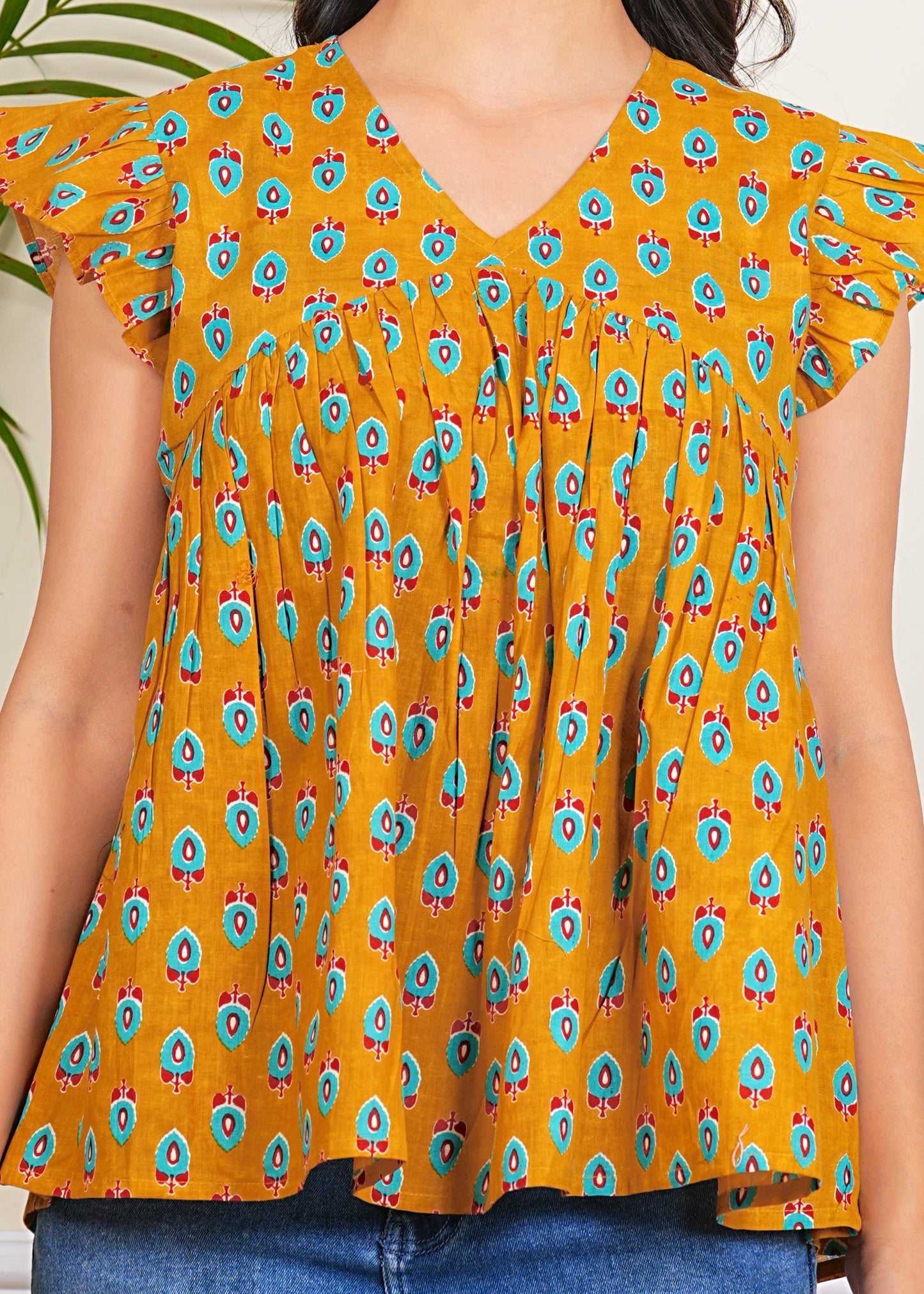 Women's Cotton Printed ruffle Sleeves western top