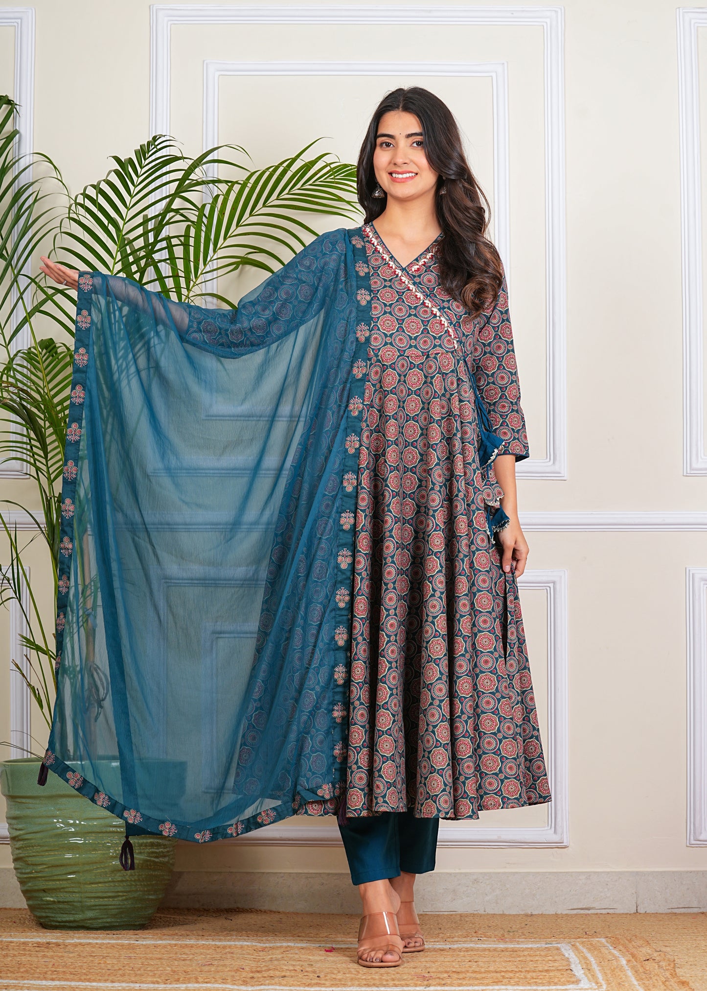 Women's Cotton Anarkali with Pant and Dupatta Set