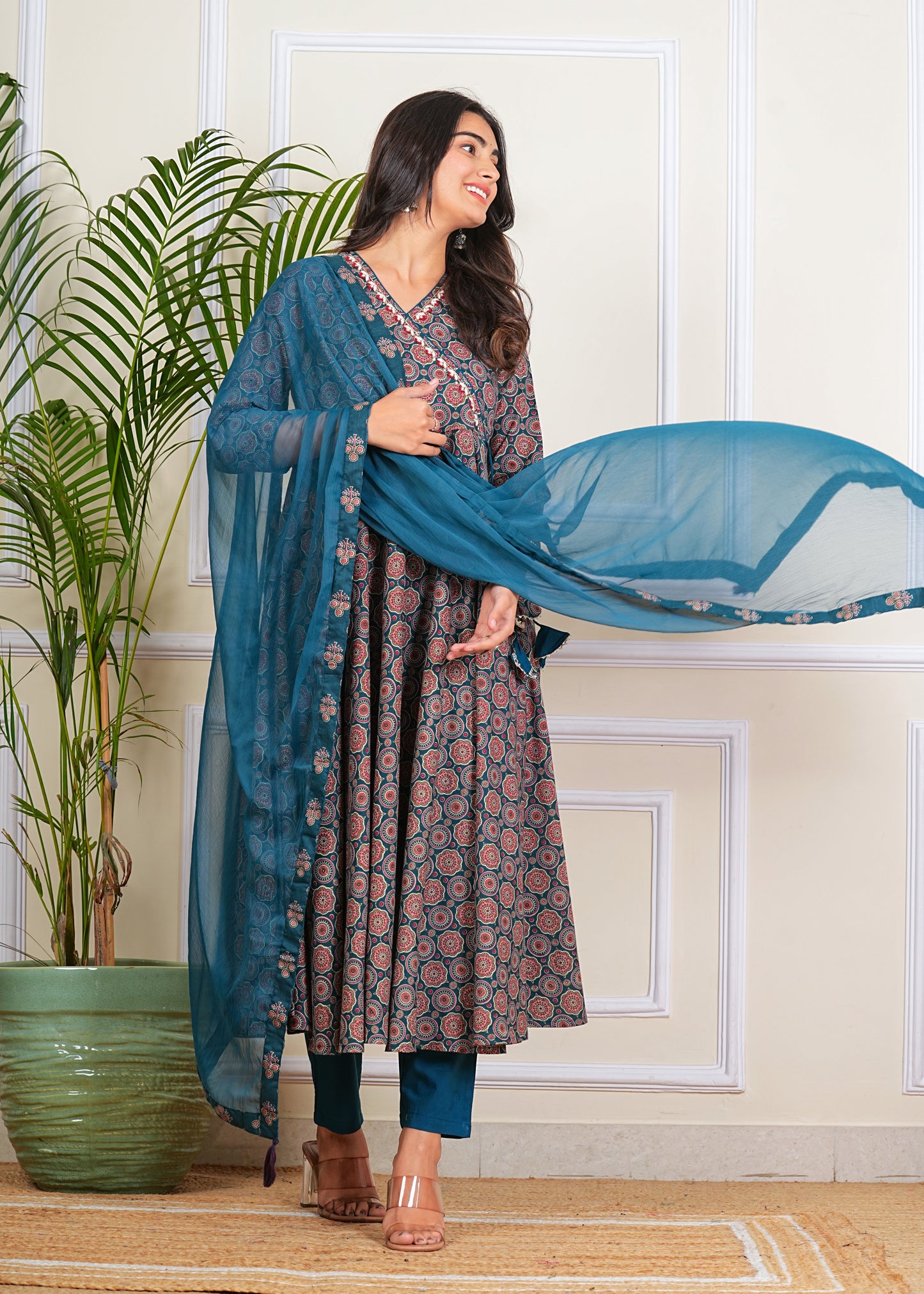 Women's Cotton Anarkali with Pant and Dupatta Set
