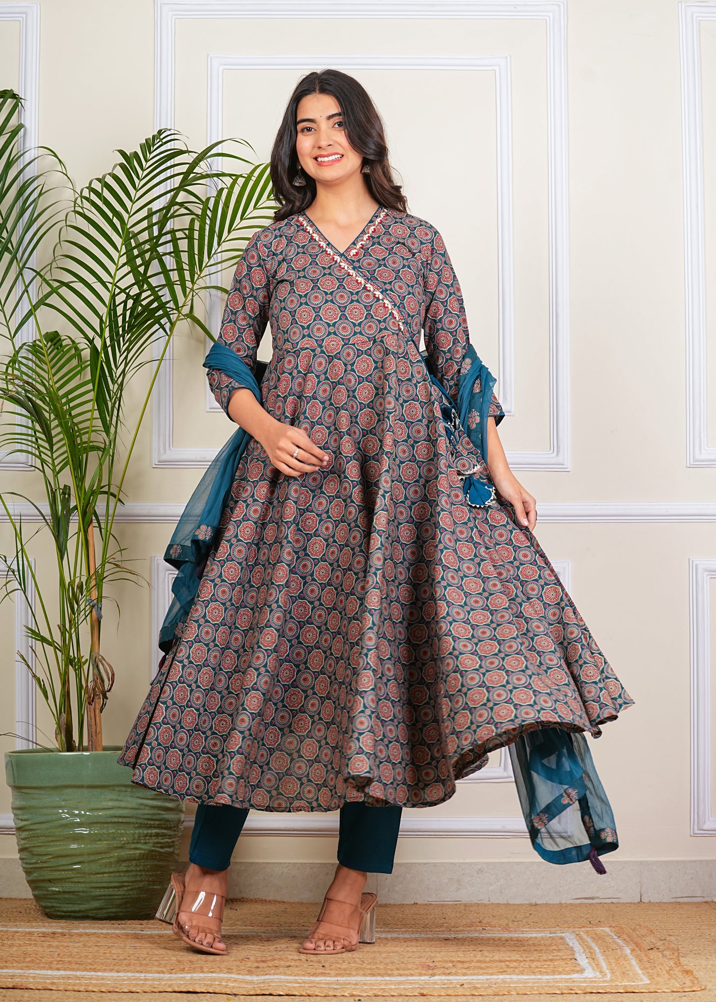 Women's Cotton Anarkali with Pant and Dupatta Set