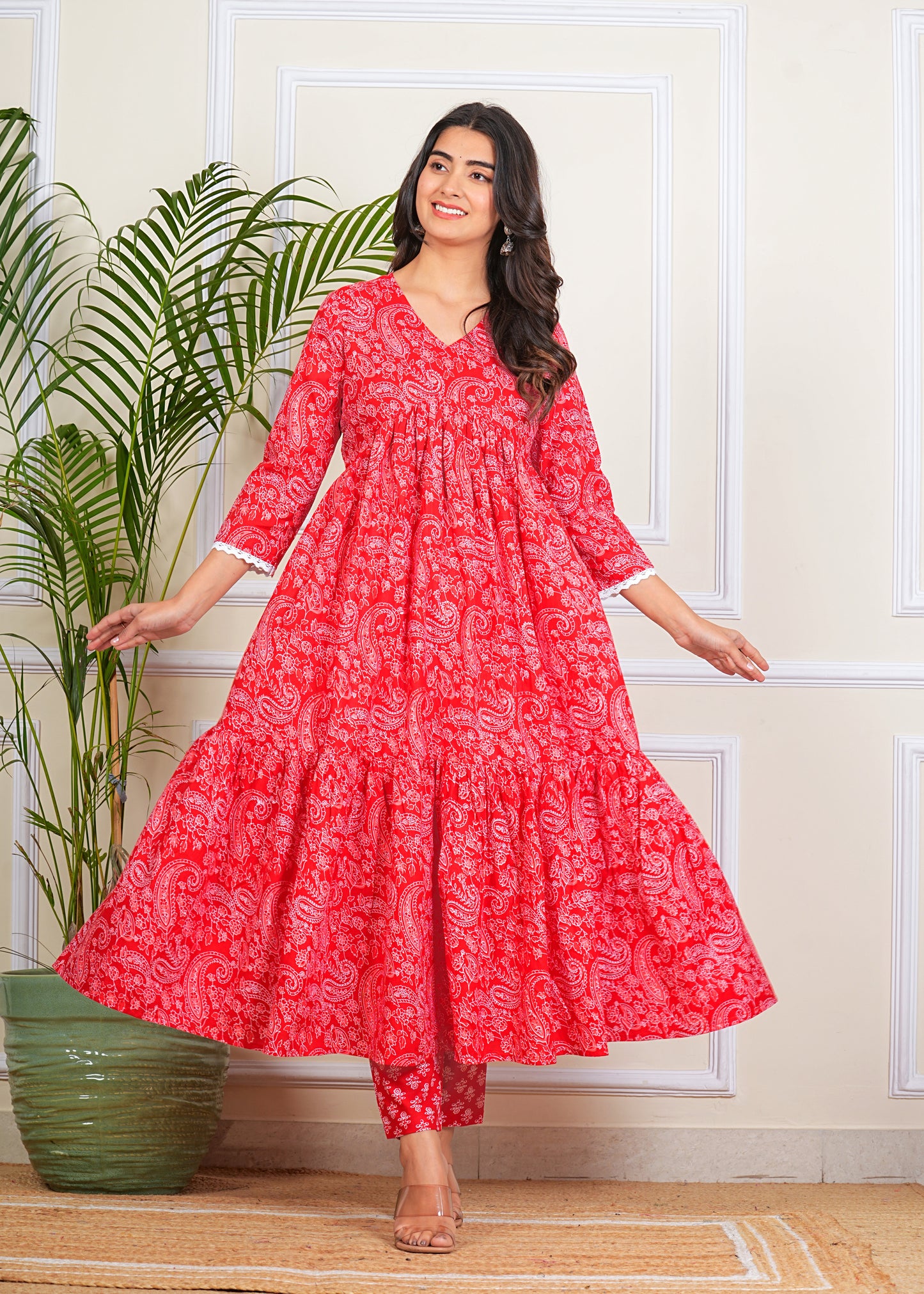 Women's Tiered More Flair Full length Red gown with Pants