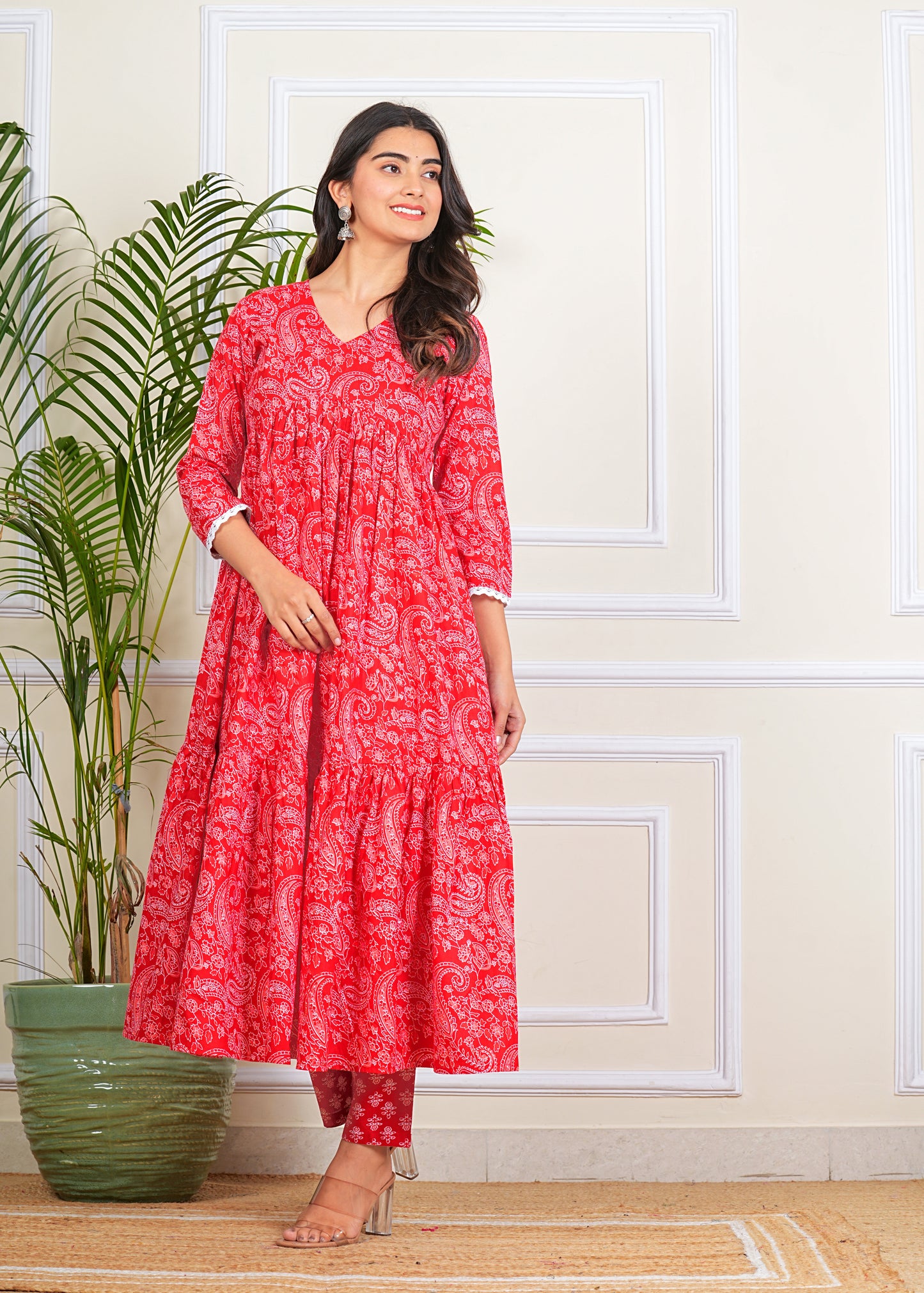 Women's Tiered More Flair Full length Red gown with Pants