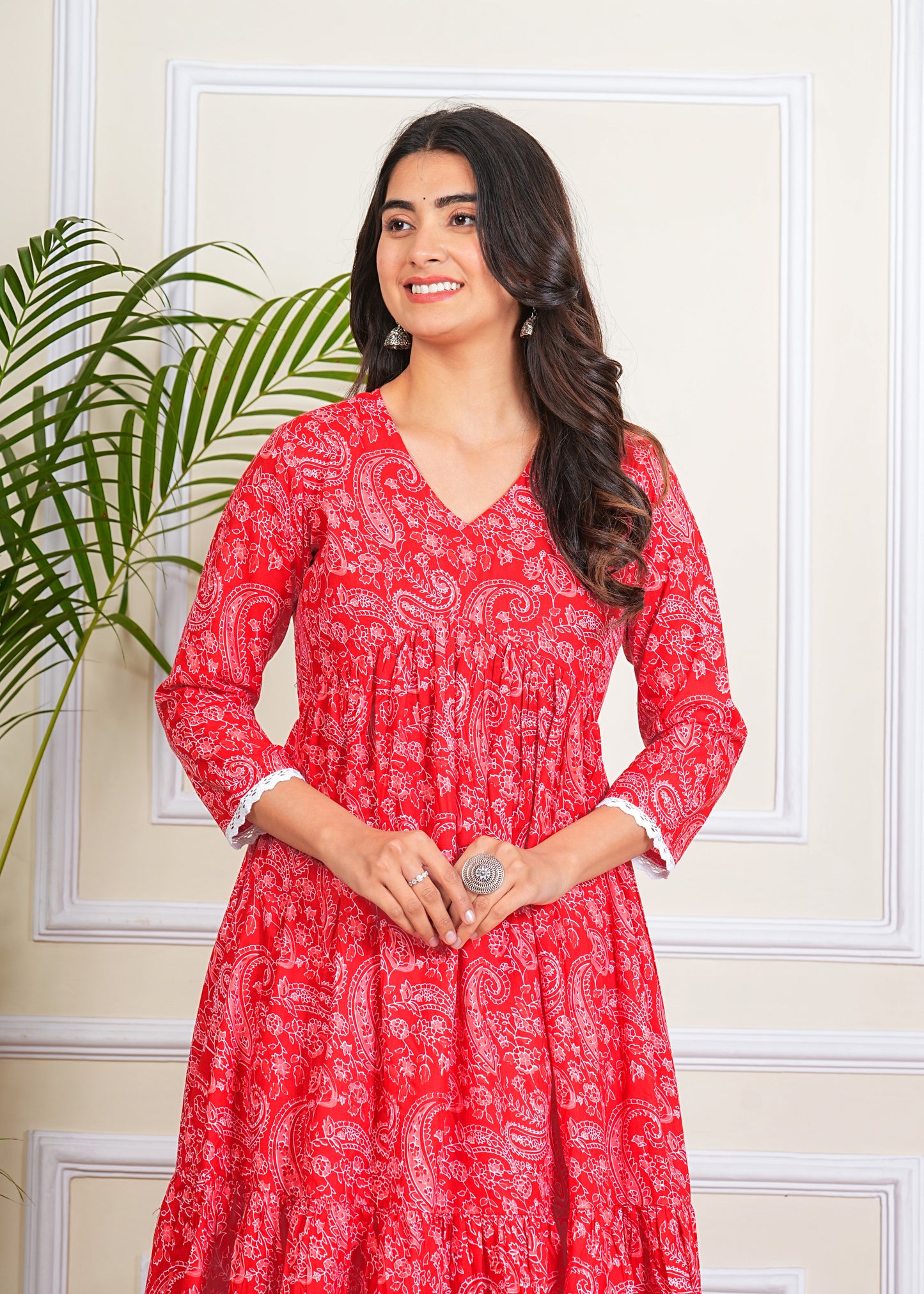 Women's Tiered More Flair Full length Red gown with Pants