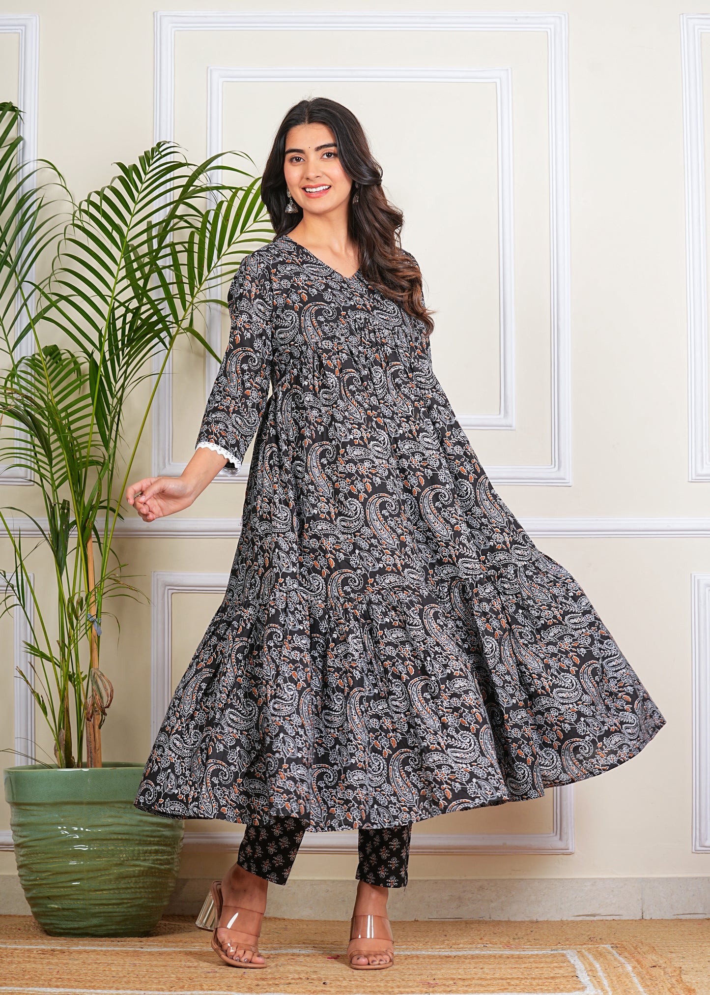 Women's Tiered More Flair Full length Black gown with Pants