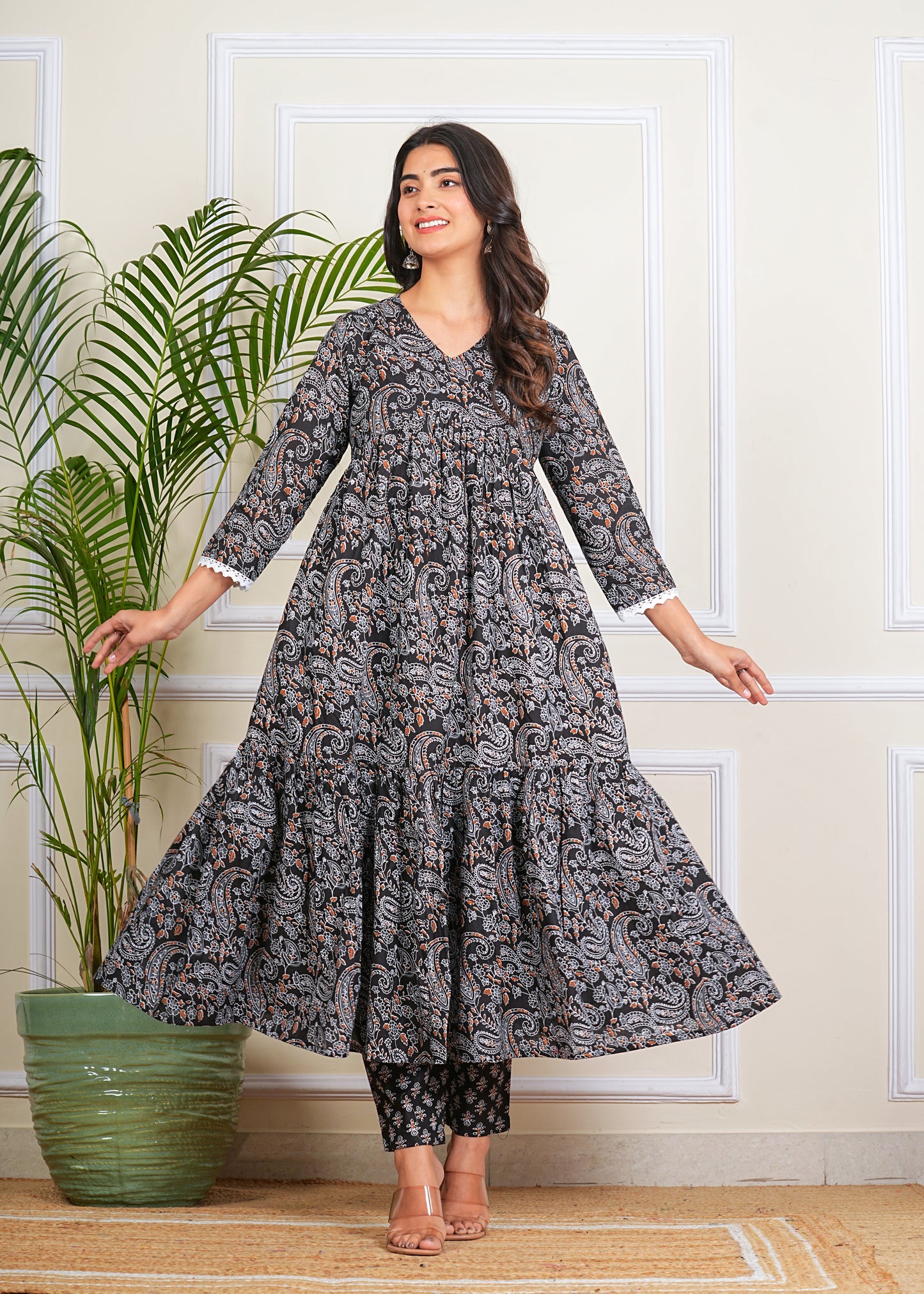 Women's Tiered More Flair Full length Black gown with Pants