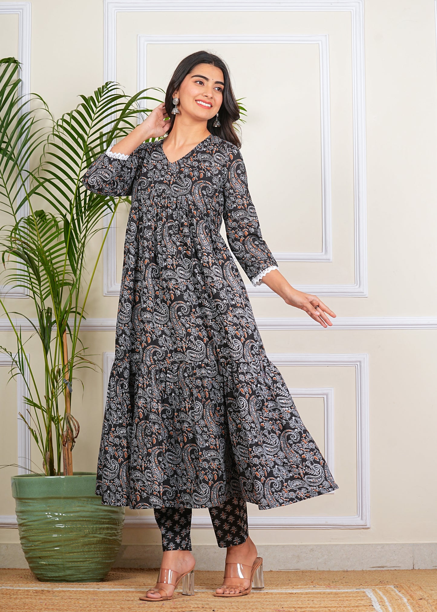 Women's Tiered More Flair Full length Black gown with Pants