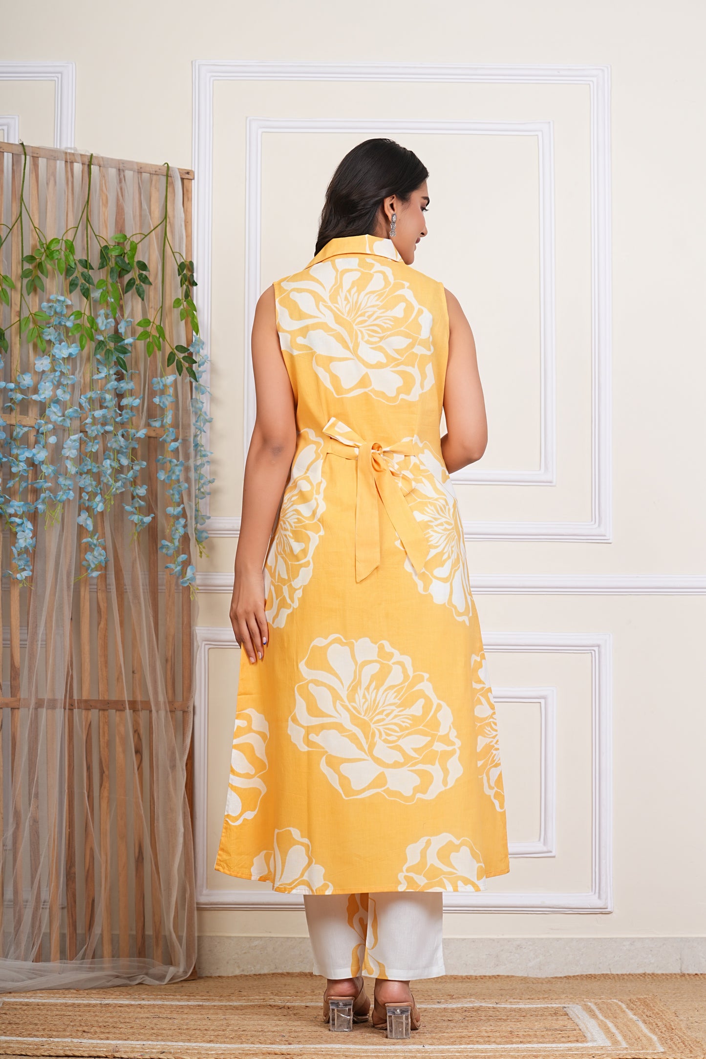 Premium Cotton Floral Printed Shirt Coller Co-Ord Set (Yellow)