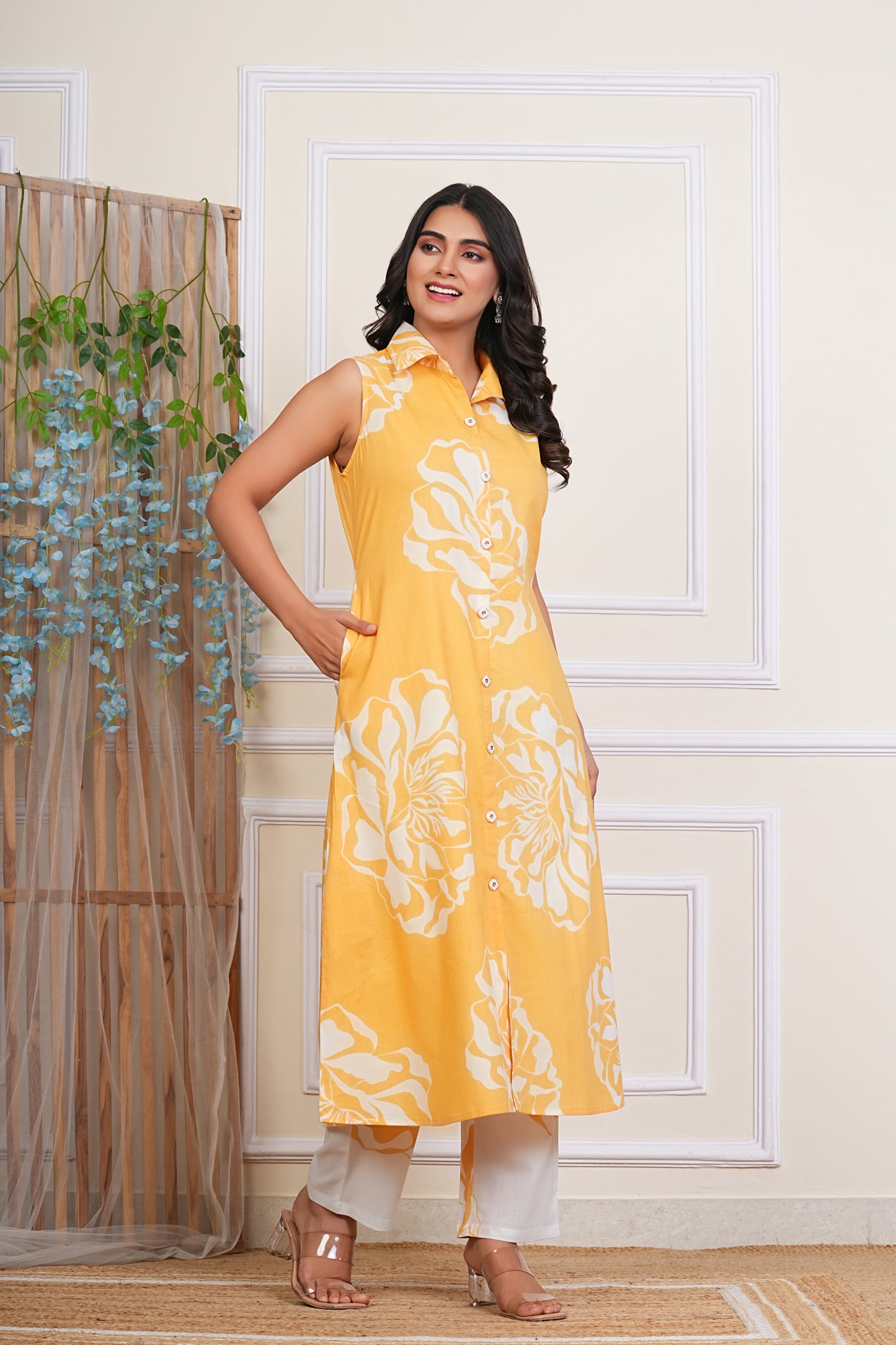 Premium Cotton Floral Printed Shirt Coller Co-Ord Set (Yellow)