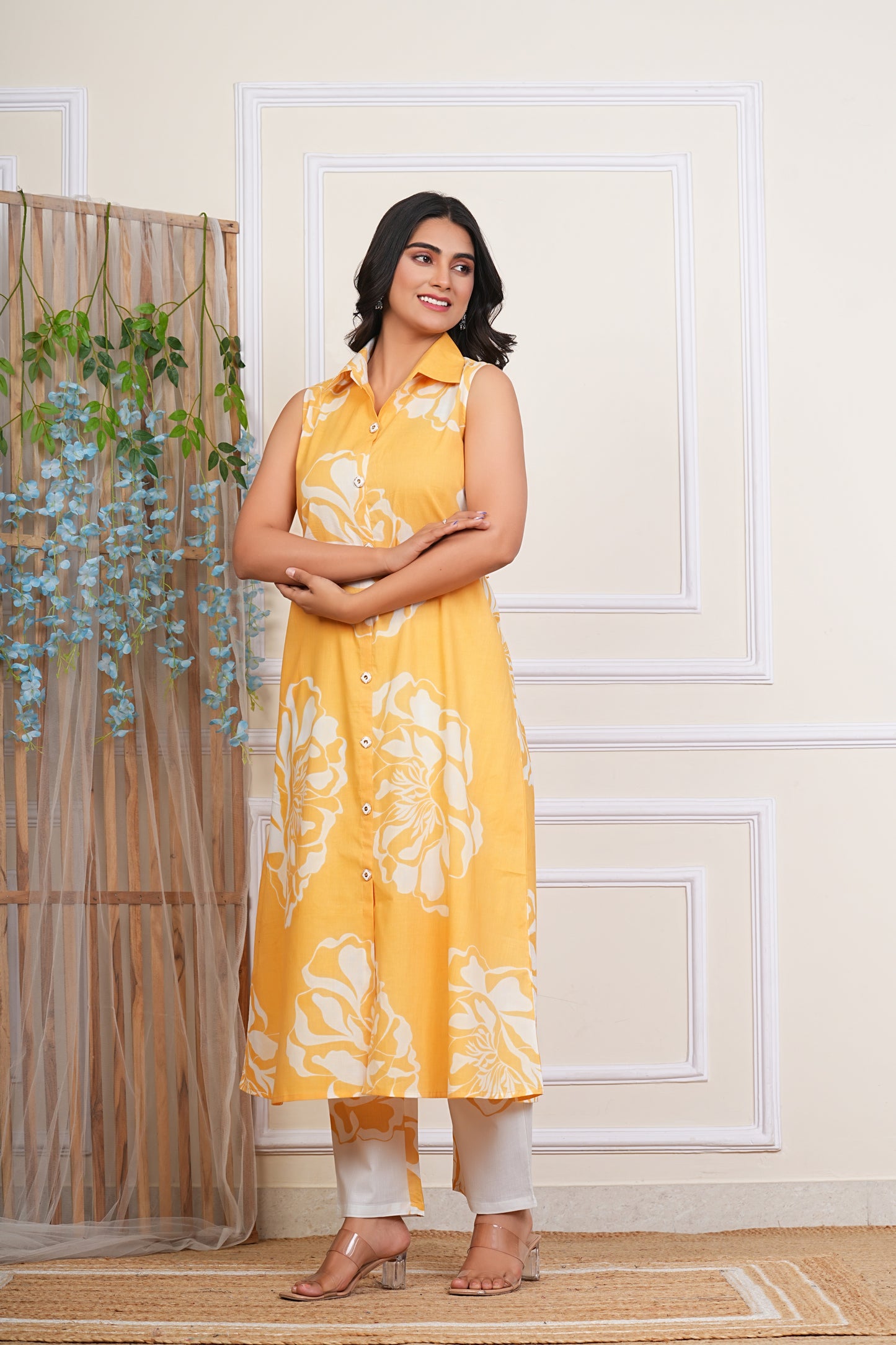 Premium Cotton Floral Printed Shirt Coller Co-Ord Set (Yellow)