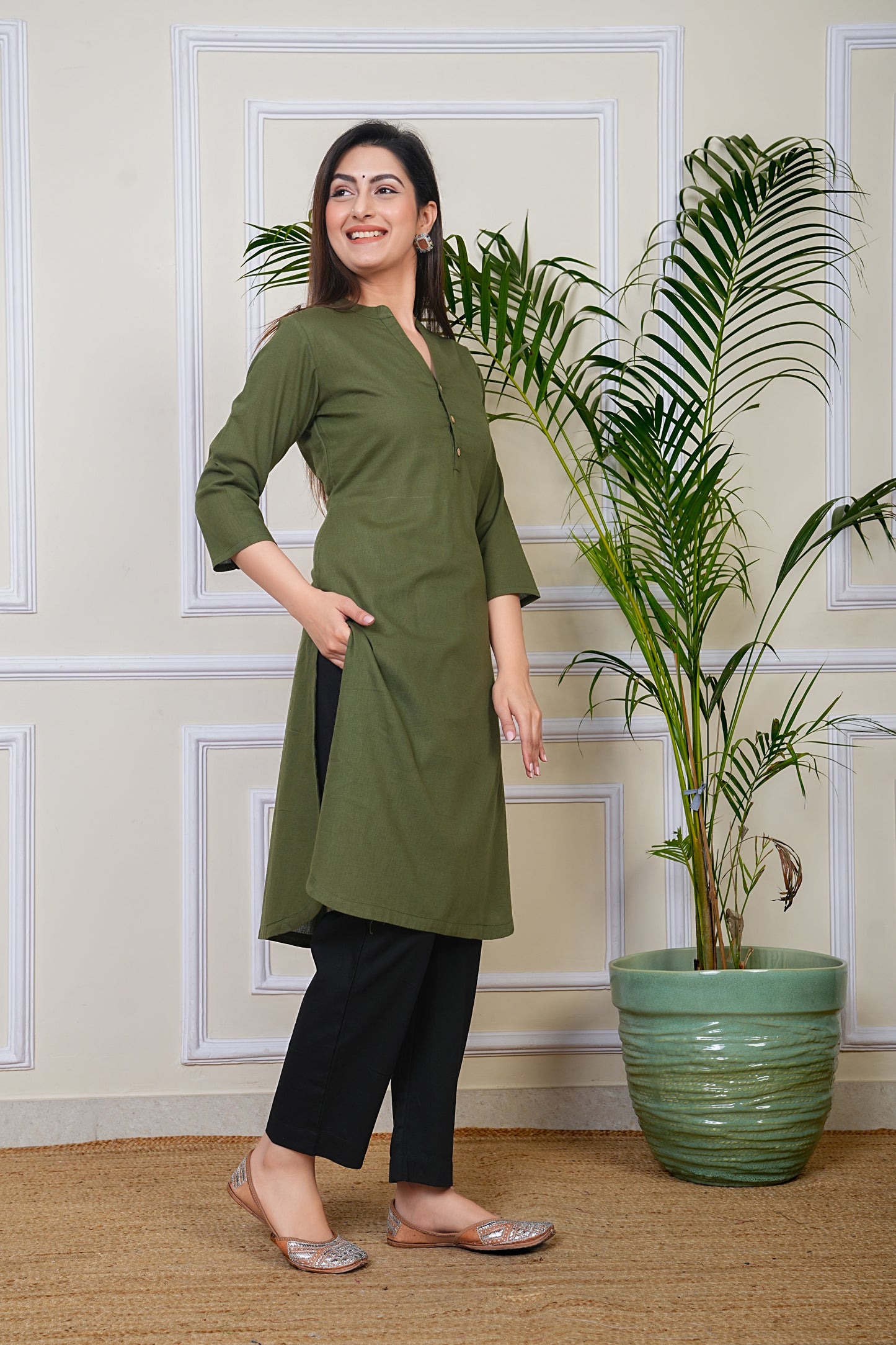 Premium Cotton Office Wear Kurta Set (Army Green)