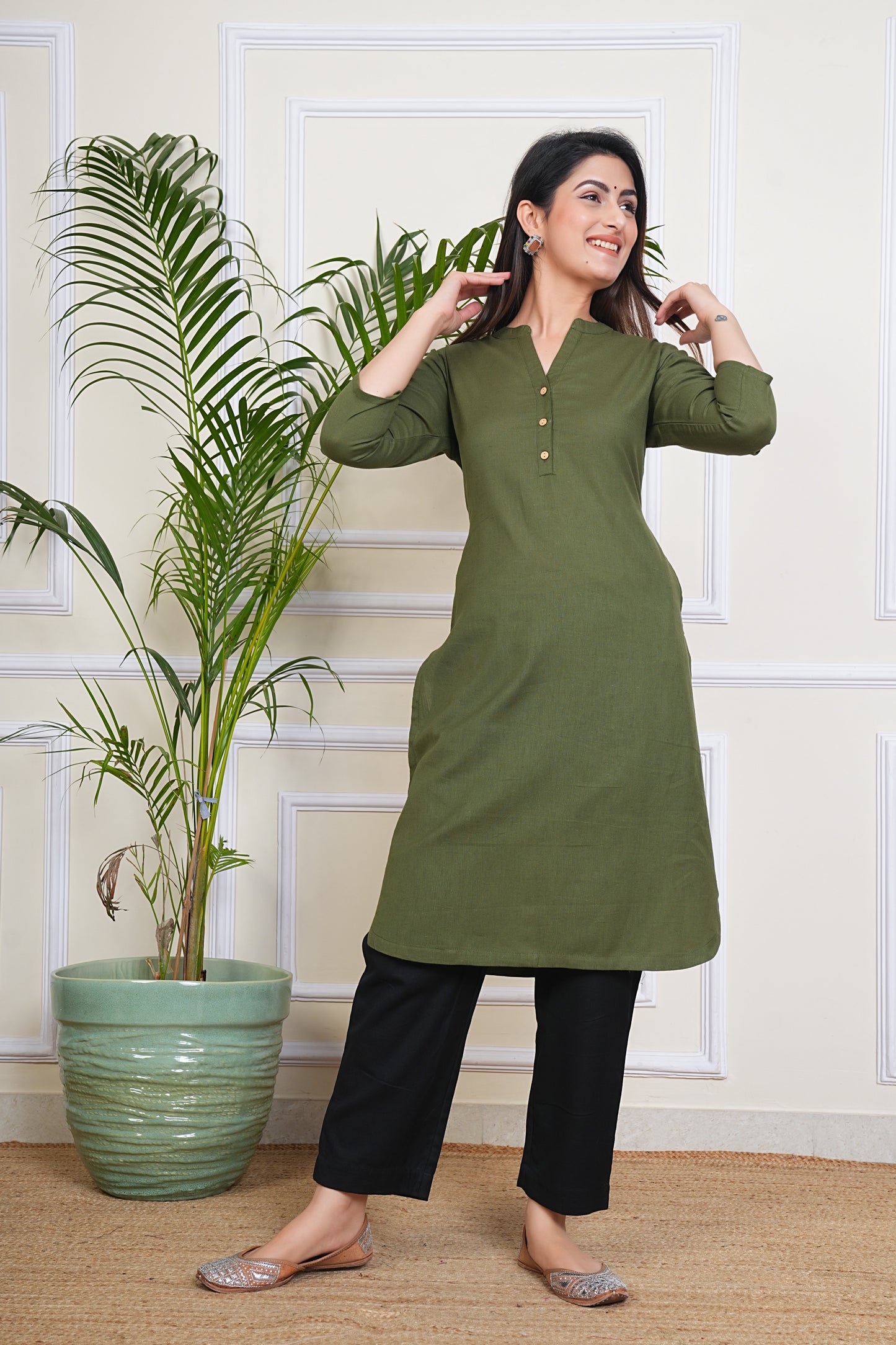 Premium Cotton Office Wear Kurta Set (Army Green)
