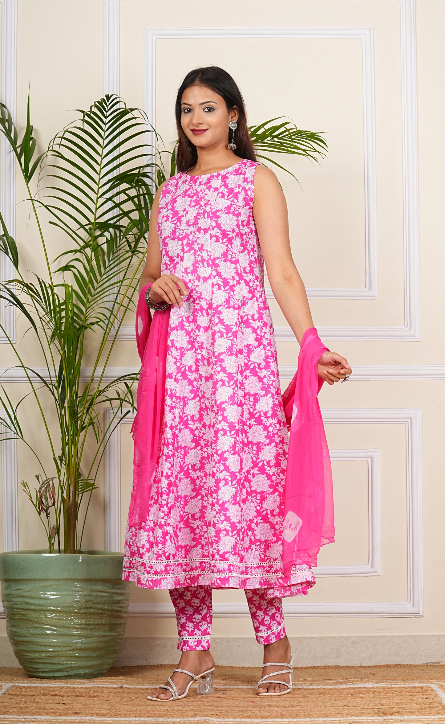 Women's Cotton Anarkali with Pant and Dupatta Set