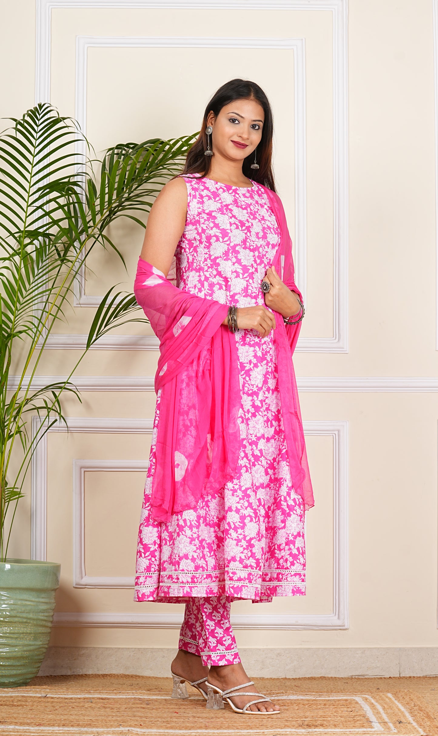 Women's Cotton Anarkali with Pant and Dupatta Set
