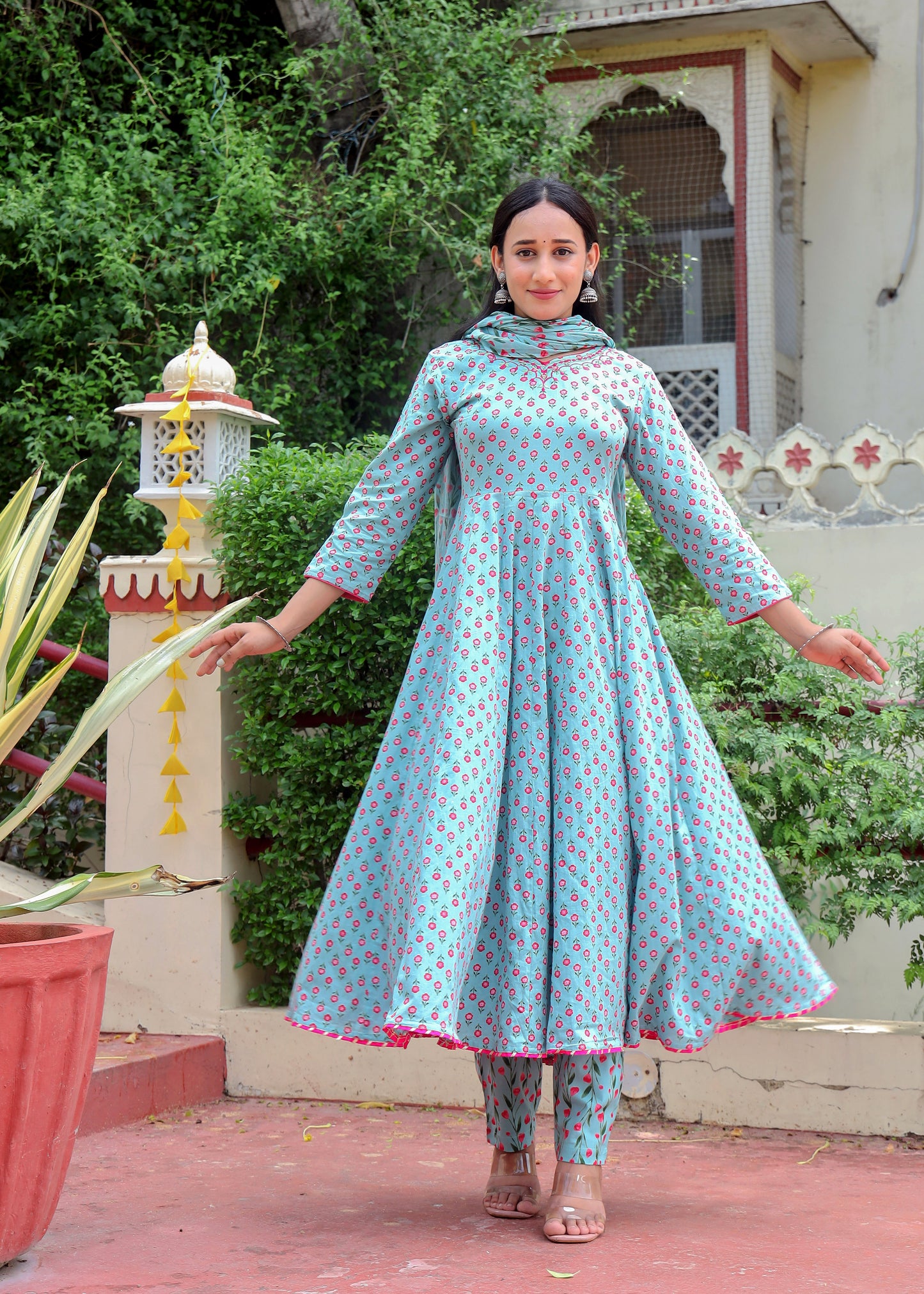 Women's Cotton Embroidered Anarkali with Pant and Dupatta Set