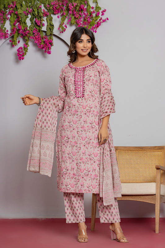 Women's Cotton Kurti with Pant and Dupatta Set