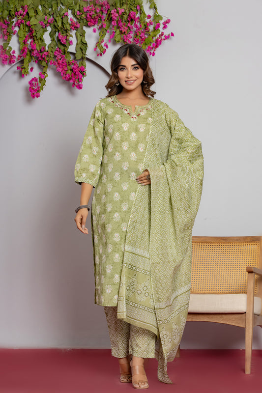 Women's Cotton Kurti with Pant and Dupatta Set