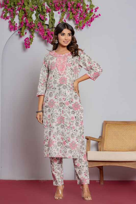 Women's Cotton Kurti with Pant and Dupatta Set