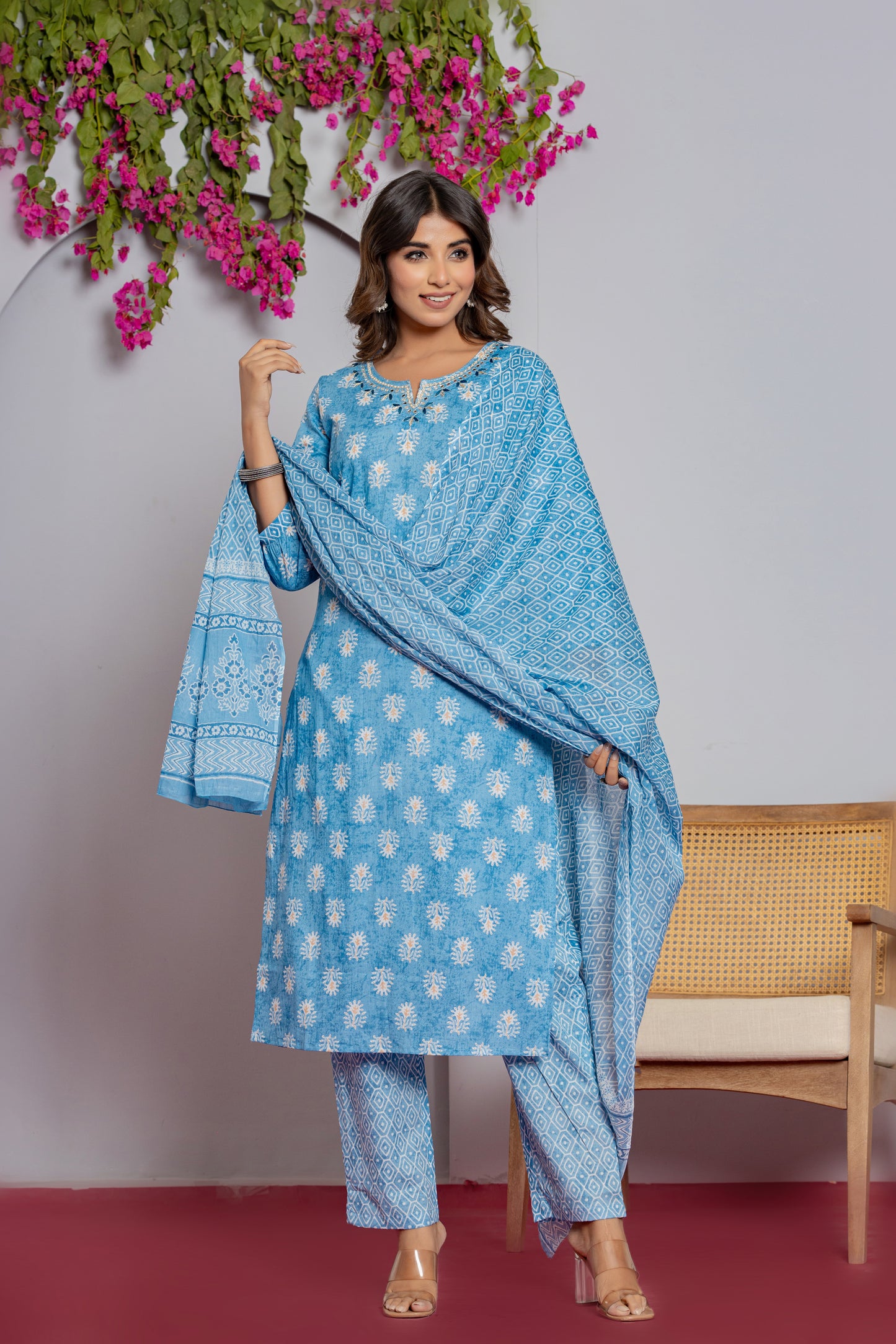 Women's Cotton Kurti with Pant and Dupatta Set