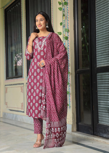 Women's Cotton Kurti with Pant and Dupatta Set